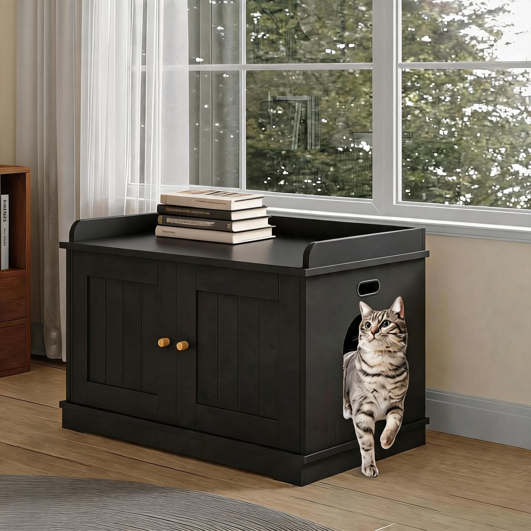 Modernes Katzenklo Schrank, Katzenhaus mit Verstecktem Katzenstreu | Katzenklo-Gehäuse für die Meisten Katzen, Aufbewahrung & Belüftung Holz-Katzenhaus, Einfache Reinigung 72 x 44 X 40cm,Schwarz