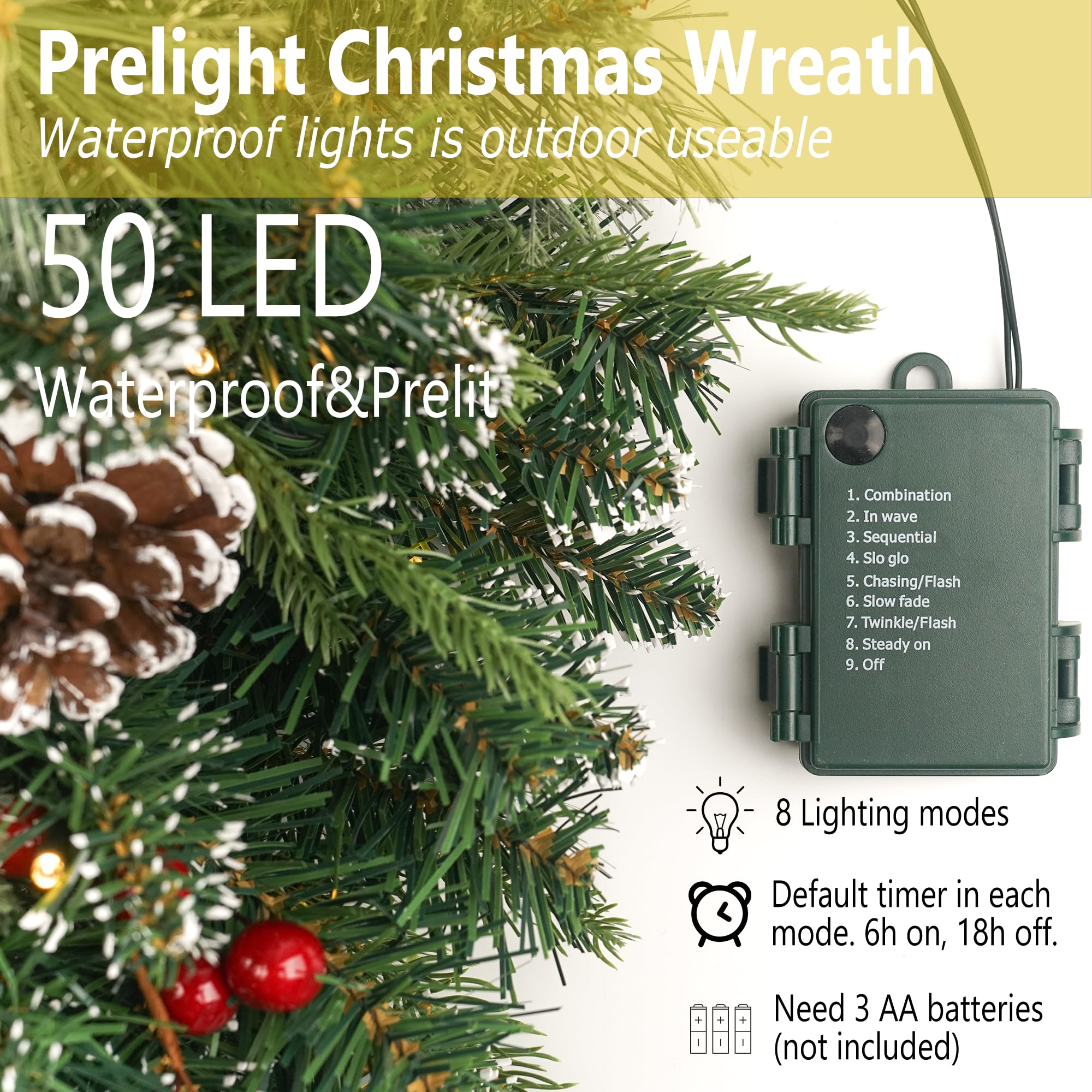 Corona de Navidad Nevada preiluminada de 24 Pulgadas con 50 Luces y Cono de Pino, Coronas de Navidad Artificiales para Puerta Delantera con Luces, Corona para decoración de Navidad, Puerta, Ventanas,