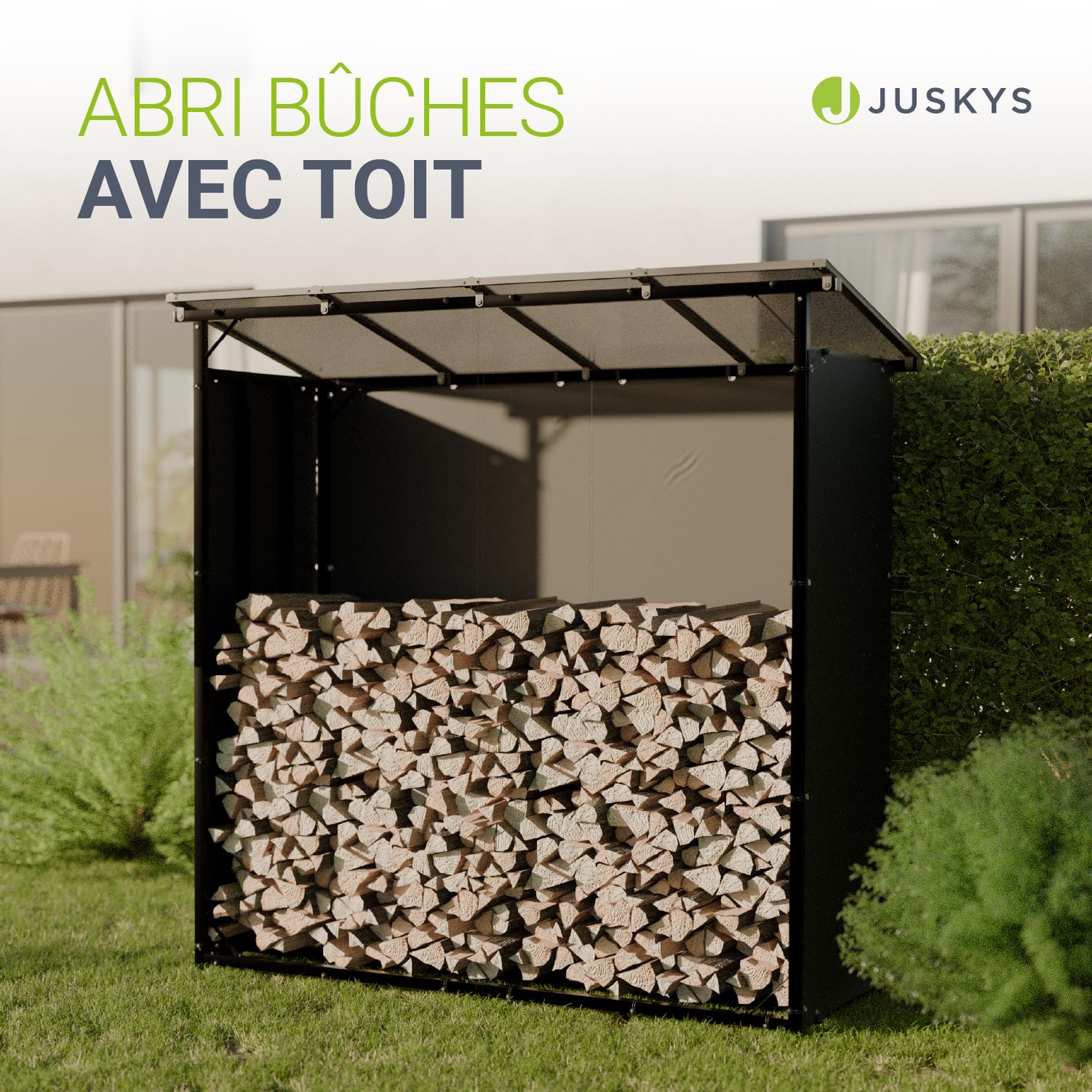 Juskys Range-bûches extérieur avec toit – étanche, bâche anti-UV, sol surélevé & montage facile, idéal pour stockage en extérieur