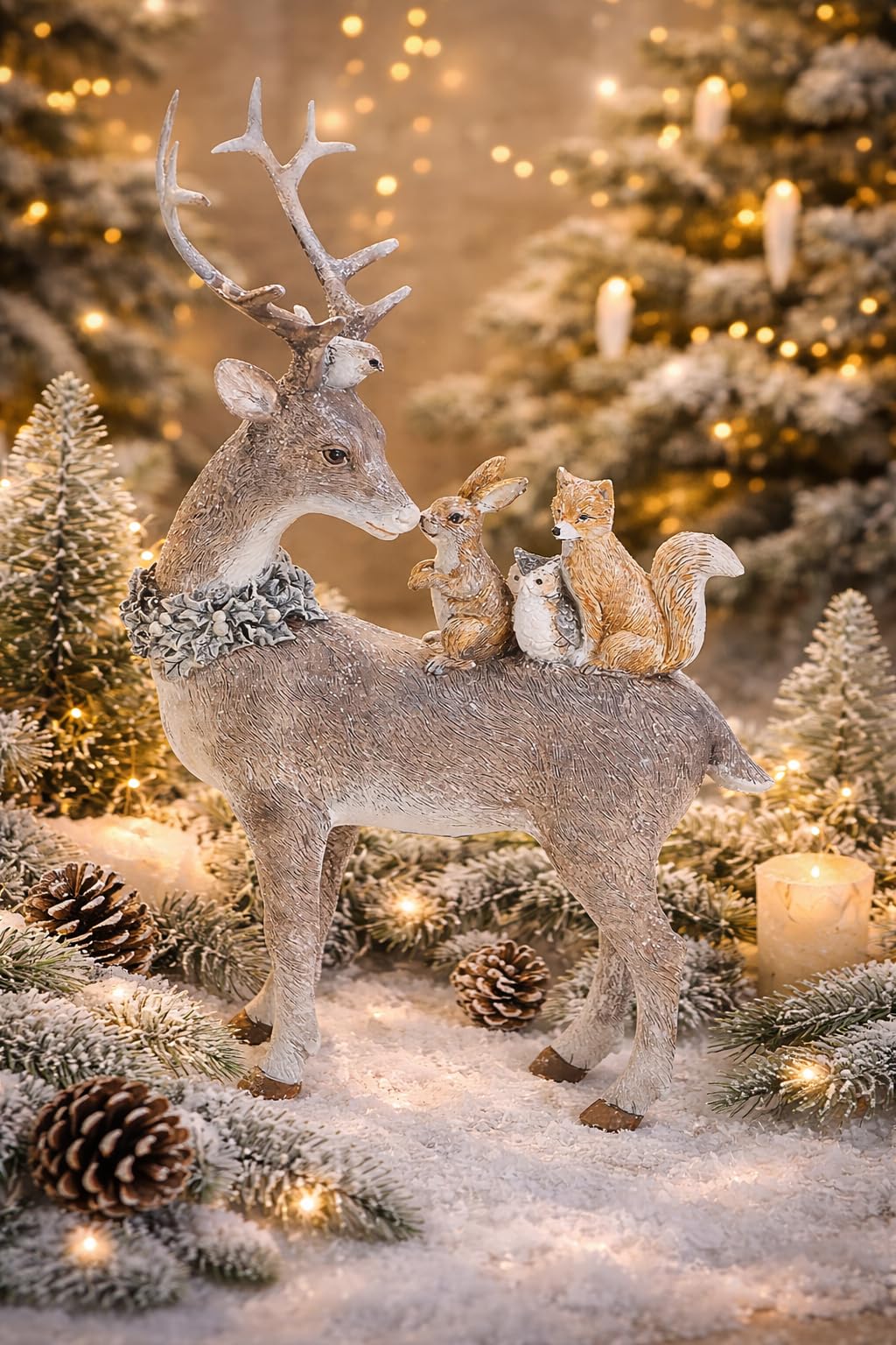 Statuetta decorativa a forma di cervo con animali della foresta e glitter, decorazione natalizia, per l'Avvento e l'inverno
