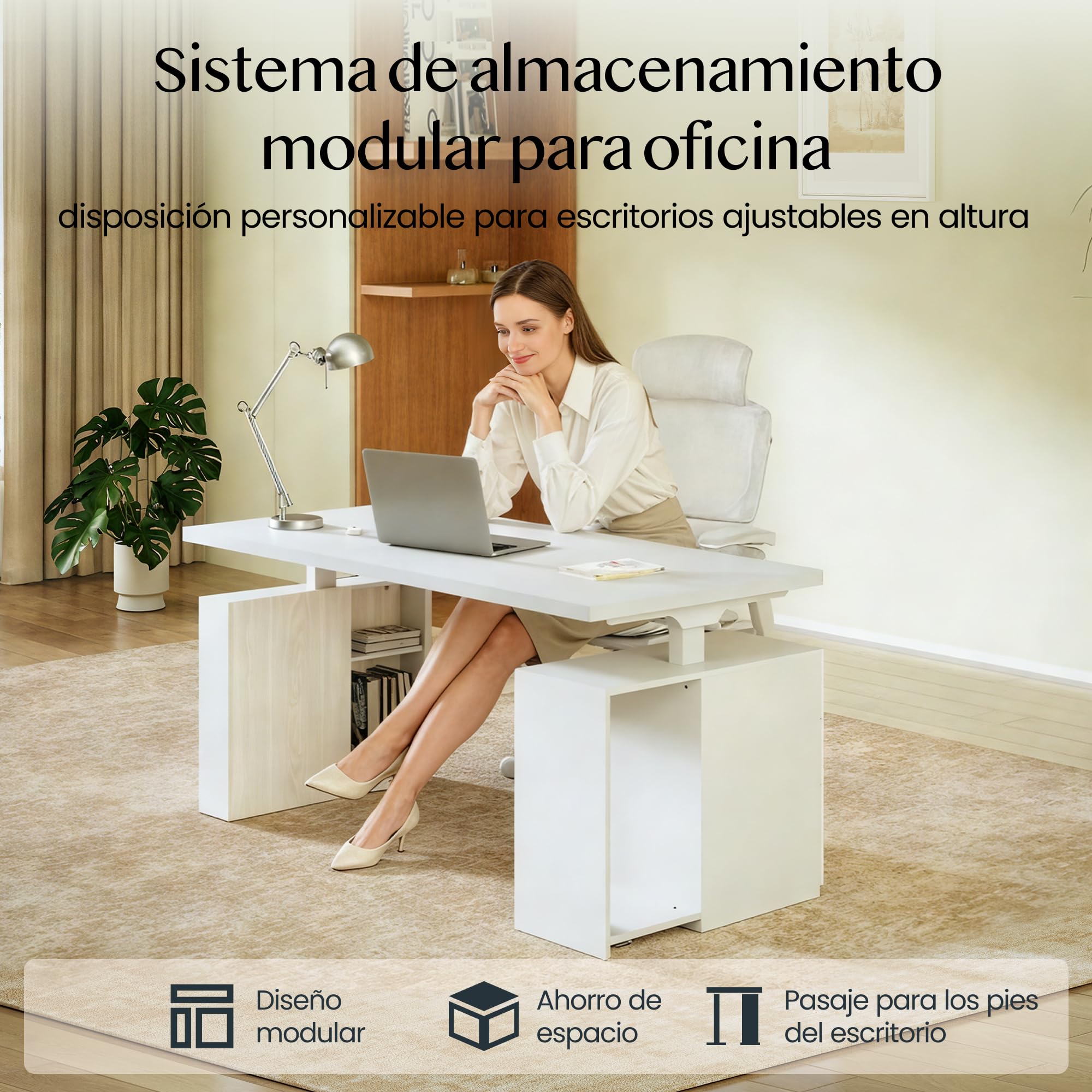 FLEXISPOT Escritorio Elevable Eléctrico 160x80cm con Cajón Lateral Modular, Compartimentos, Cajones y Soporte Fijo para PC, Altura Regulable, Estilo Ejecutivo para Oficina y Estudio Profesional Blanco