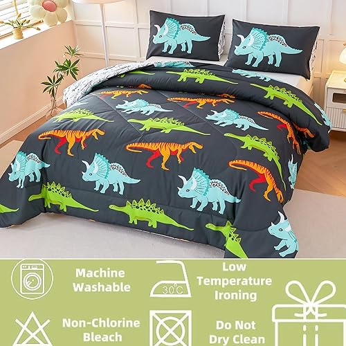 Miniatura 4 de RYNGHIPY Juego de ropa de cama de dinosaurio, tamaño individual, juego de edredón para niños y niñas, suave, transpirable, lindo juego de cama de