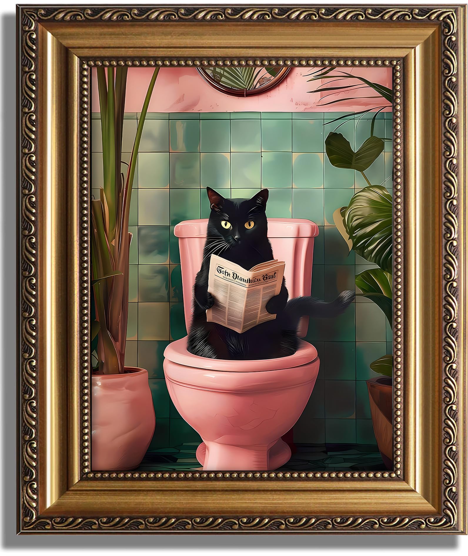 ASTRDECOR Wall Art, Framed, Funny Black Cat Reading Newspaper on the Toilet, Wall Decoration, Cute Pets, Cat, Painting, Picture, Green Botanical Plant, Animal