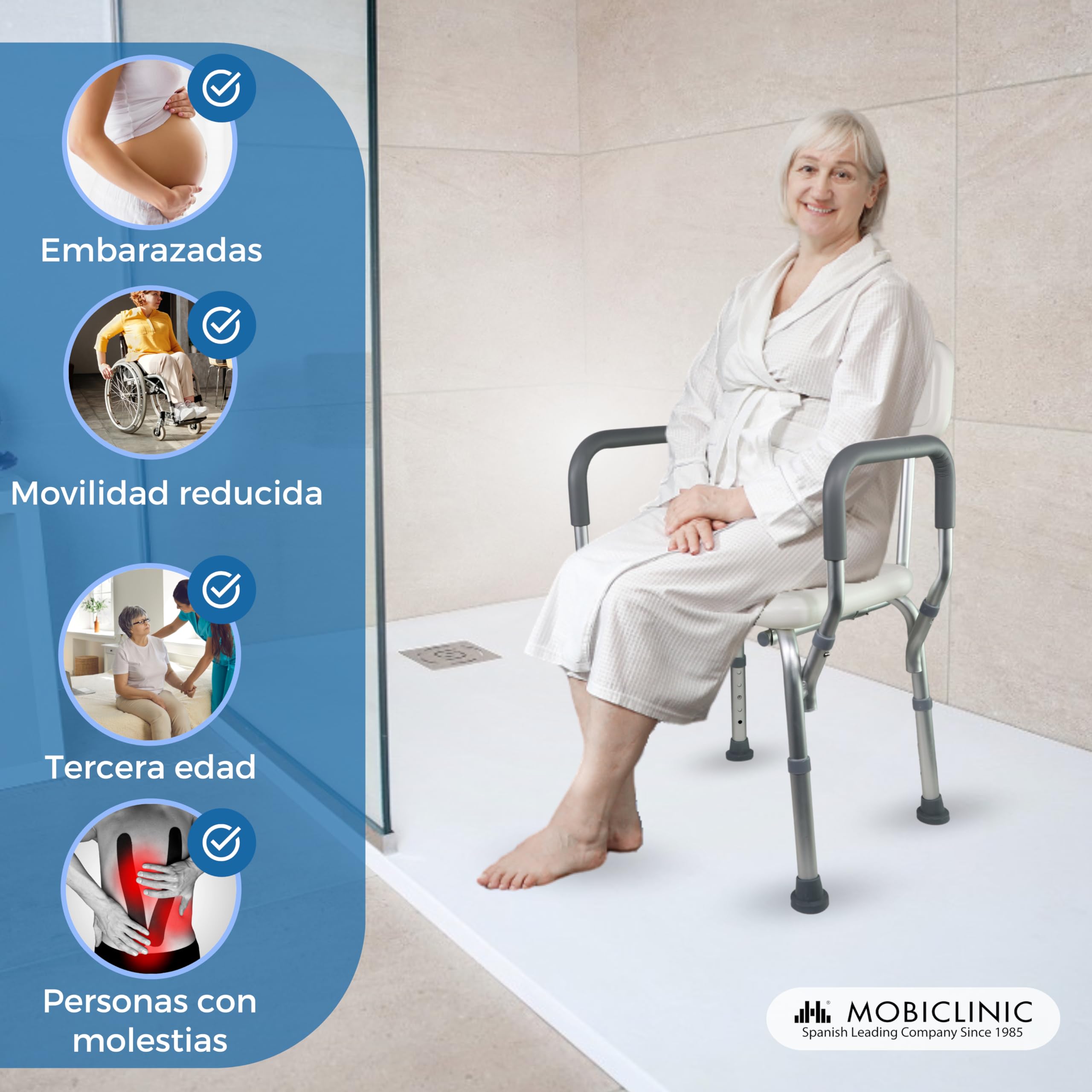 Mobiclinic, Silla de Ducha con Respaldo, Baño, para Adultos, Puerto, Marca española, Ortopédica, Antideslizante, Altura Regulable, Ayuda Ancianos y discapacitados, WC, Ergonómica