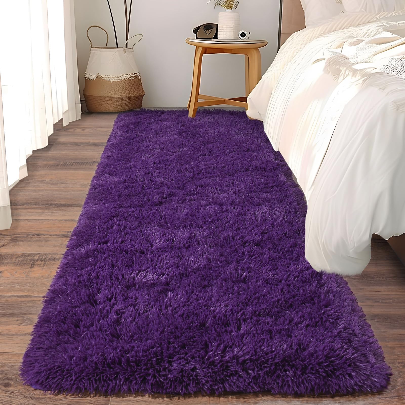 Ailyei Soft Runner Rugs for Bedroom Hallways, 2 Packs 2x6 Purple Fluffy Shag Throw Area Rug Non Slip for Bedside Dorm, Long Shaggy Furry Carpet for