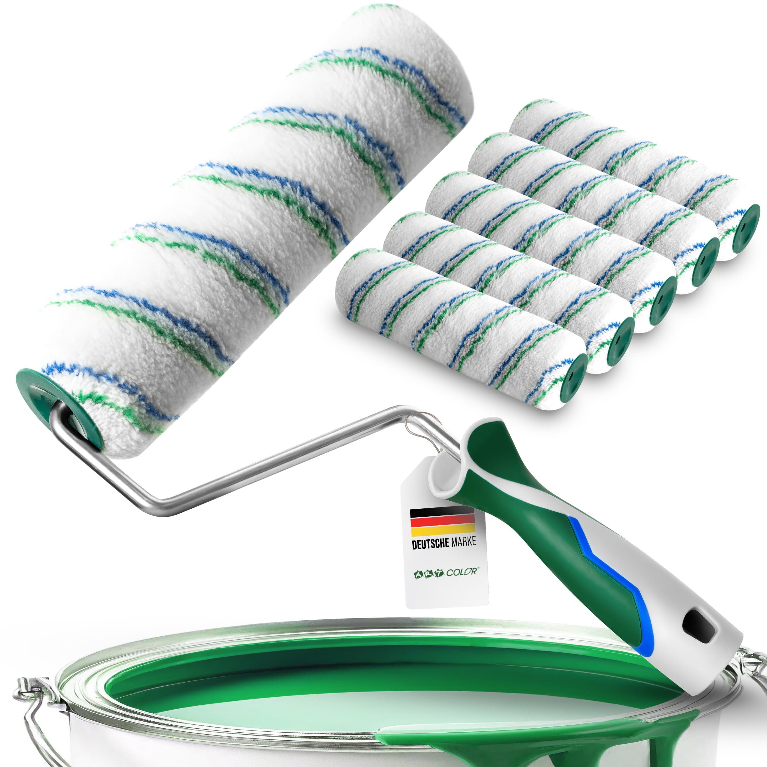 Lot de 5 rouleaux de peinture avec étrier - Rouleau de peinture de 25 cm avec poils de 12 mm - Poignée 3K et prise de style - Rouleaux de peinture pour peinture murale - Outil de peinture