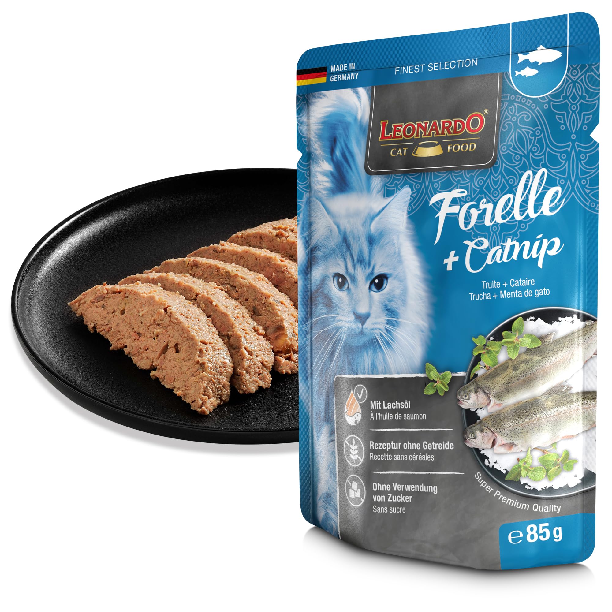 LEONARDO Finest Selection pstrąg i kociak | dwupak | 2 x 16 x 85 g | mokra karma dla dorosłych kotów | zalecana w przypadku nietolerancji pokarmu | worek świeżości