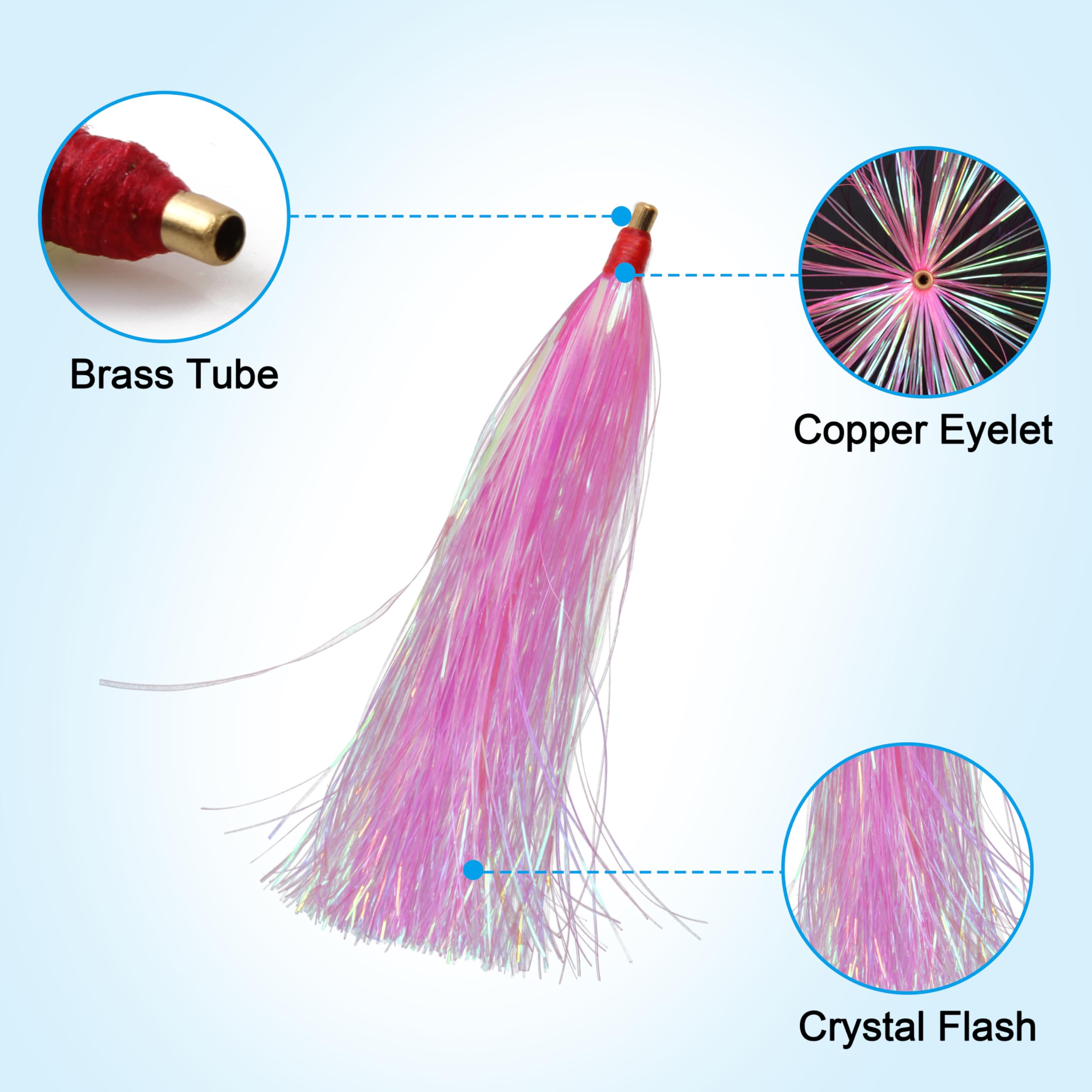 OROOTL Fishing Teasers, 18pcs Mylar Flash Bucktail Teaser Trolling Skirt Lure Tail for Saltwater Fishing Flounder Rigs Cod Sea Bass Wahoo, Mix 3 Colors