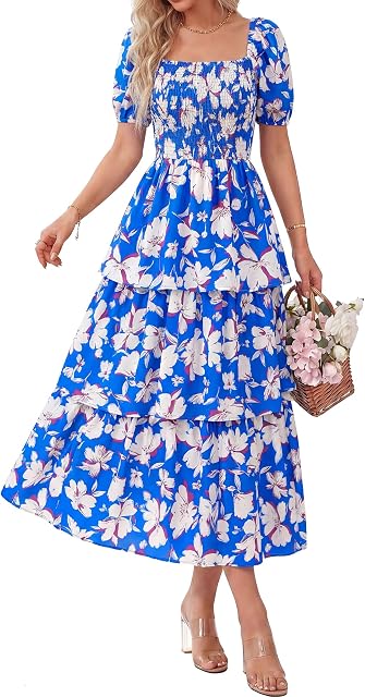 BTFBM Robe de cou carré femmes Mousse d'été Manche courte Florale Ruffe décontractée à paliers Maxi Robes d'invitées de mariage