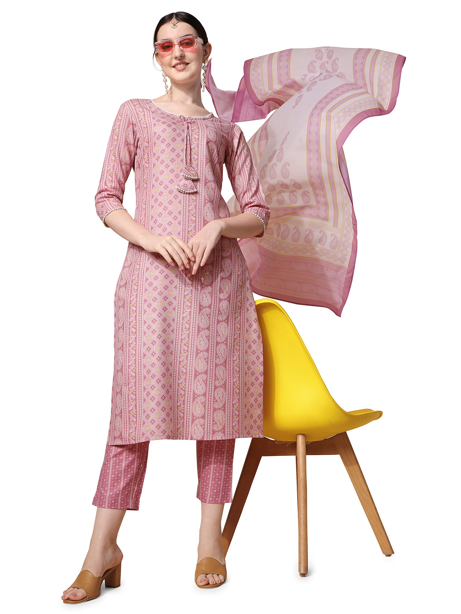 NAINVISHPink Kurta Set for Women | Women Kurta Pant Dupatta Set | Kurta Pant with Dupatta Set | Cotton Blend Kurti Pant & Dupatta | Printed Kurta Pant Dupatta Set