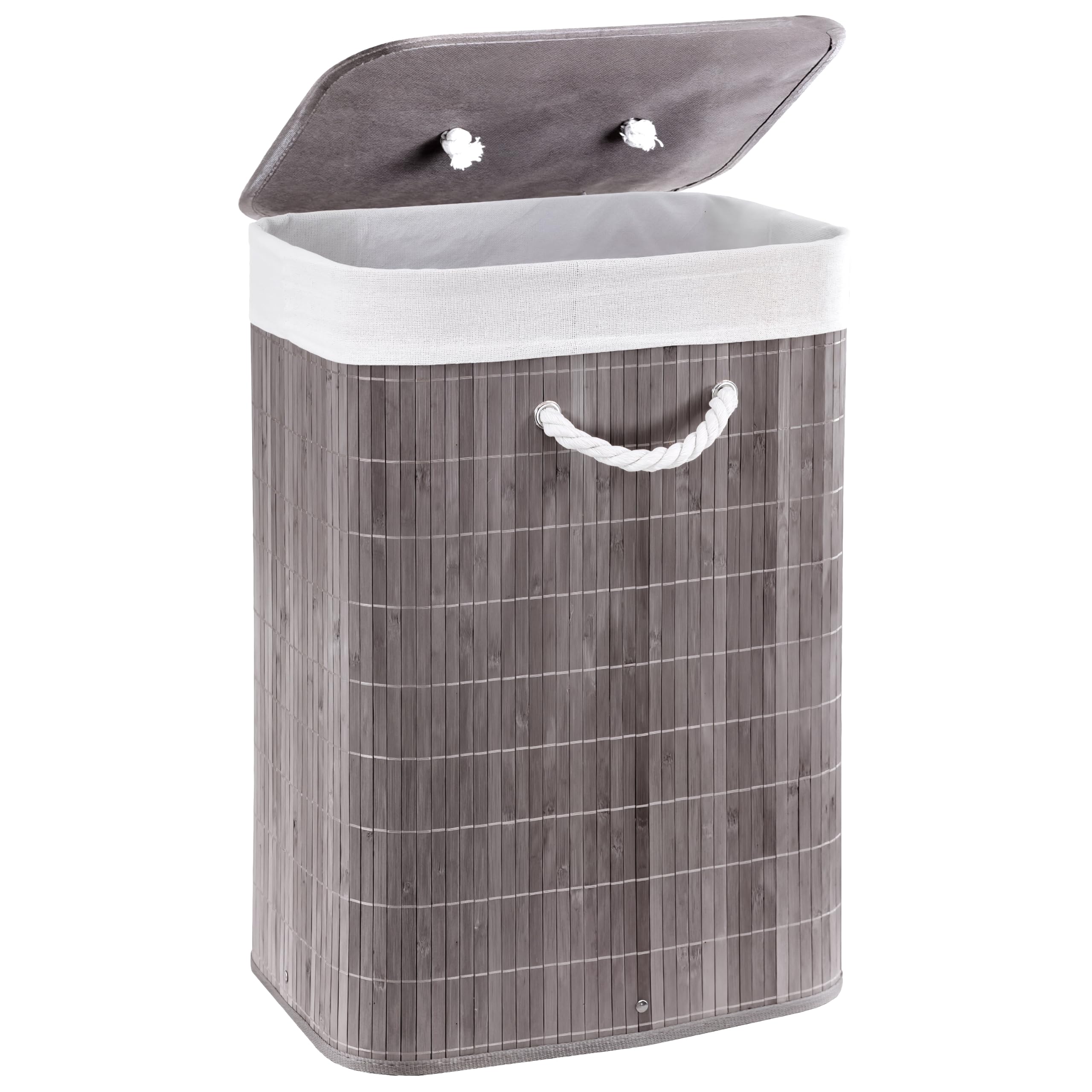 GEEZY Bamboo Laundry Hamper with Lid 72L, Grey - Foldable Laundry Basket, Removable Fabric Liner Bag, Sturdy Rope Handles - Collapsible Washing Bin for Bedrooms, Bathrooms, Dirty Clothes Storage