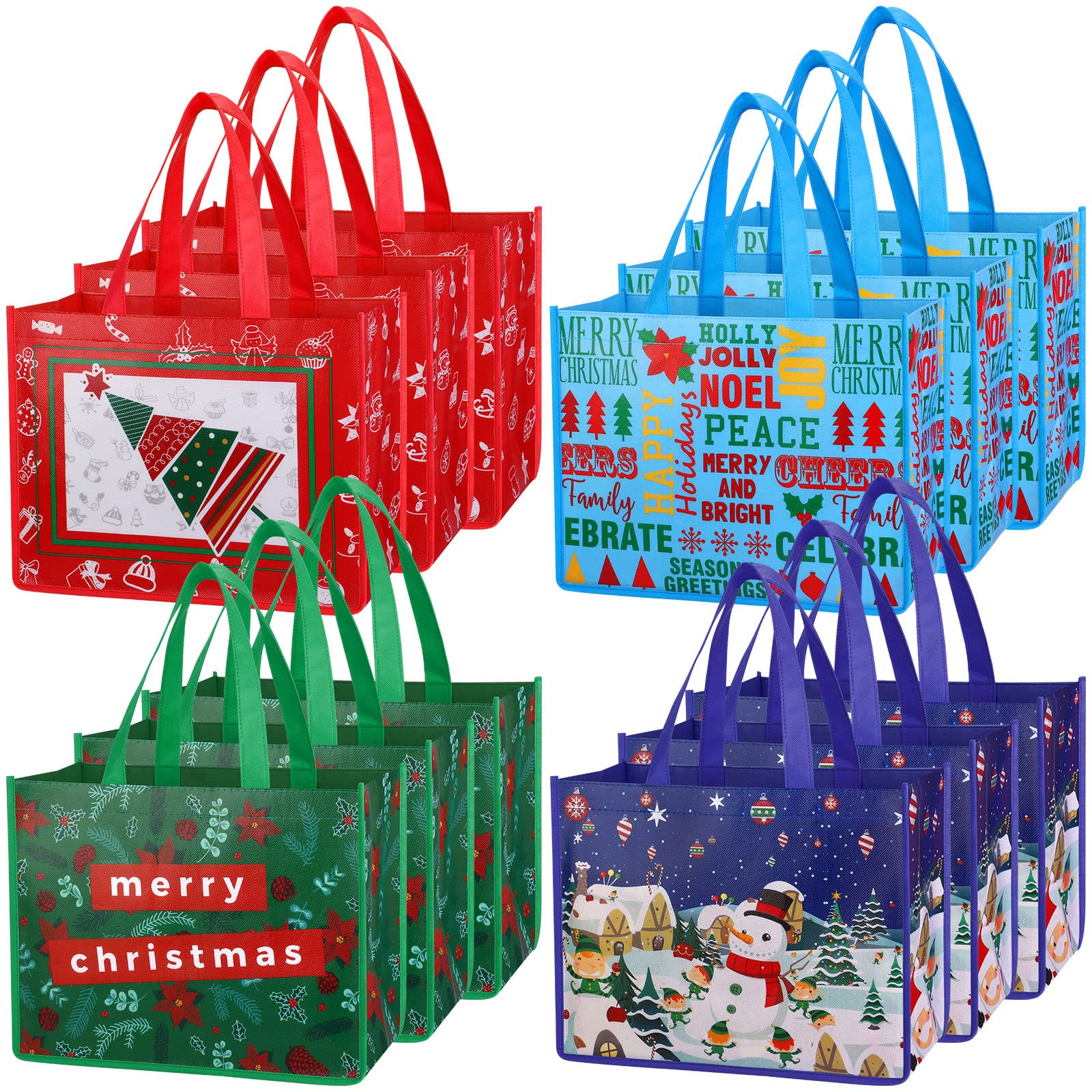 Cooraby 12 Pack Christmas Non-woven Party Bags 12.6 x 9.8 x 7.7 Inch Reusable Grocery Bag Lightweight Tote Bag with Handles for Christmas Holiday Party Favors