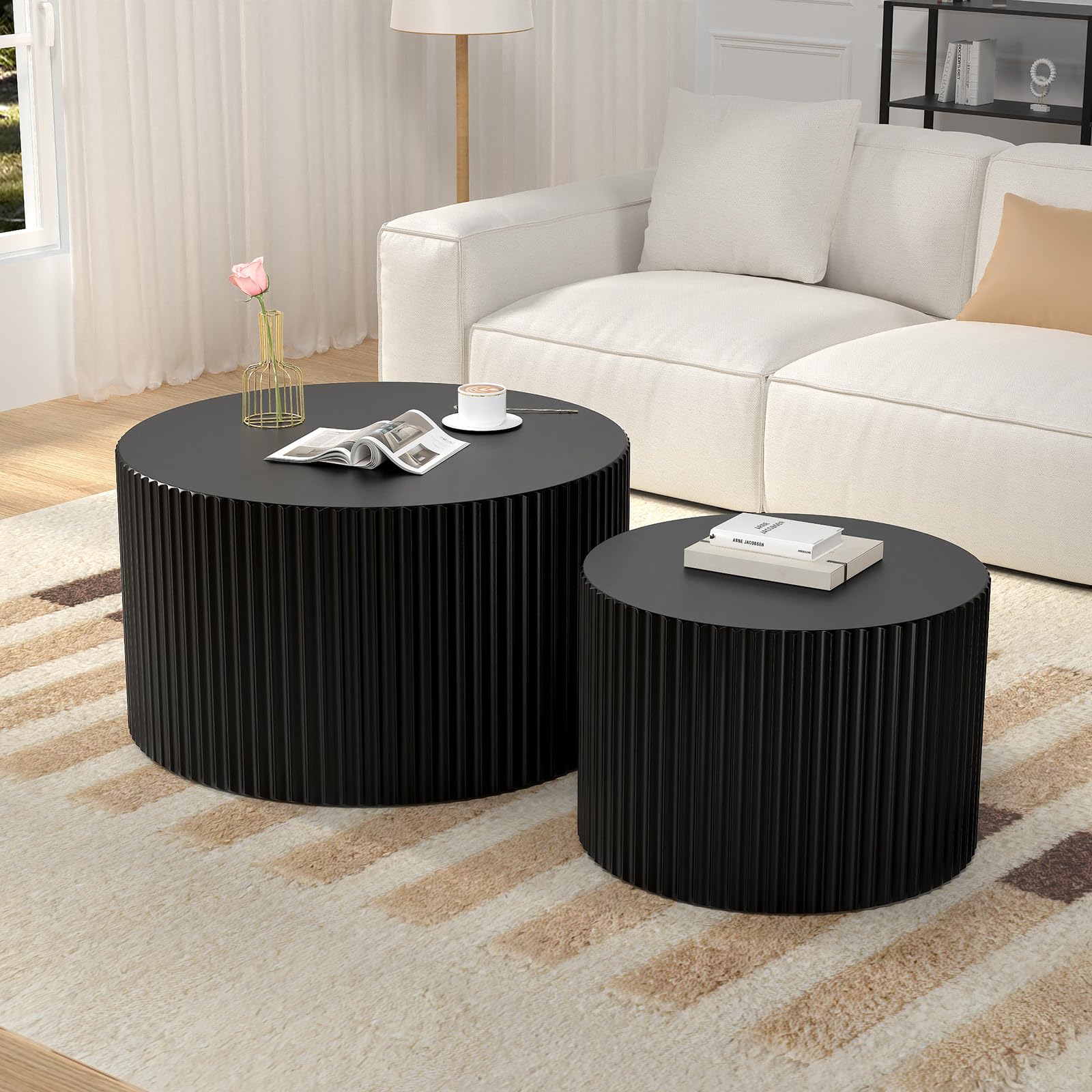 FeiZhiYanS Fluted Round Nesting Coffee Table Set of 2, Fully Assembled