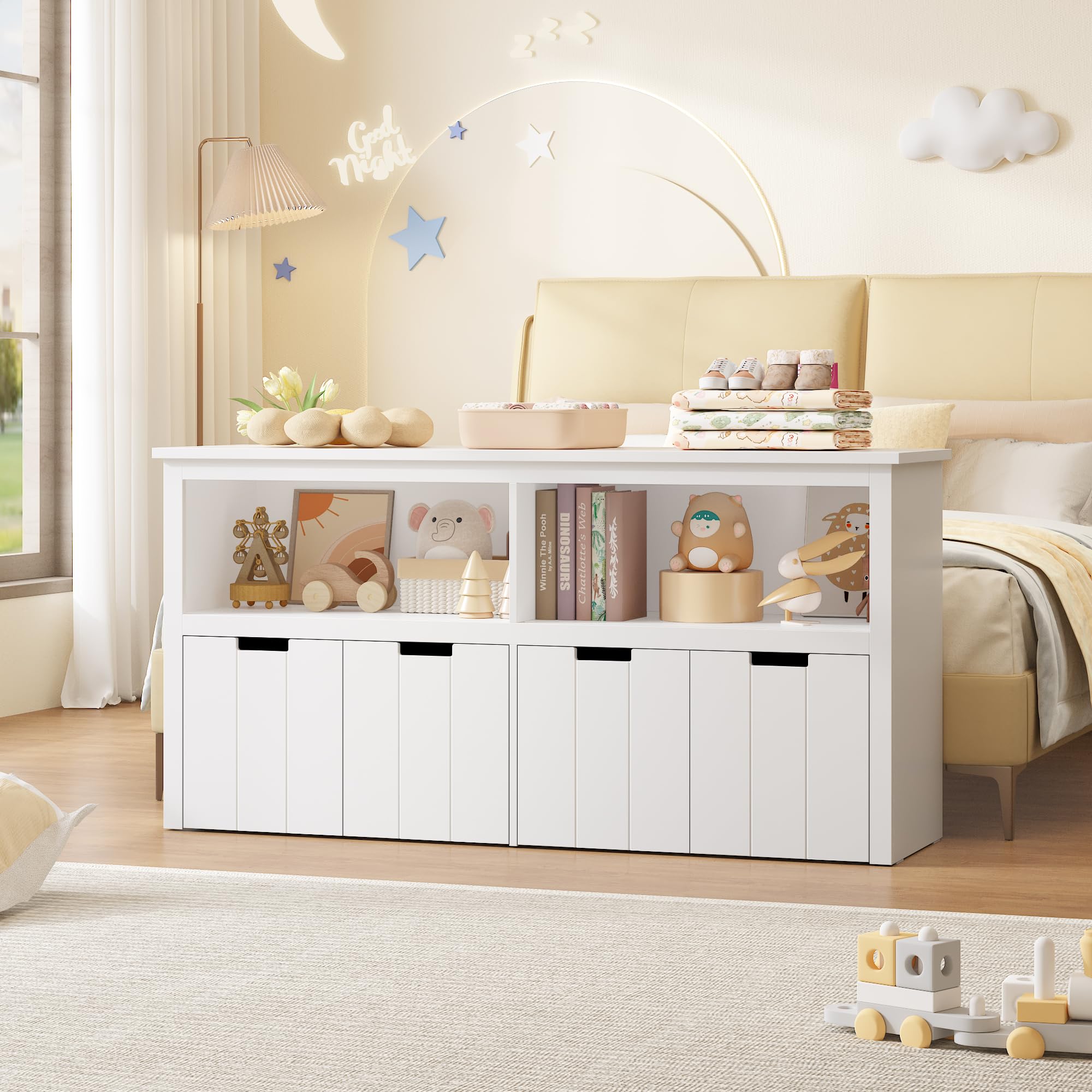 FOREHILL Meuble Rangement Enfant Rangement Jouet Enfant avec 4 Tiroirs Roulants Armoire de Rangement pour Chambre d’Enfant Salle de Jeu 120x33x61,5cm Blanc
