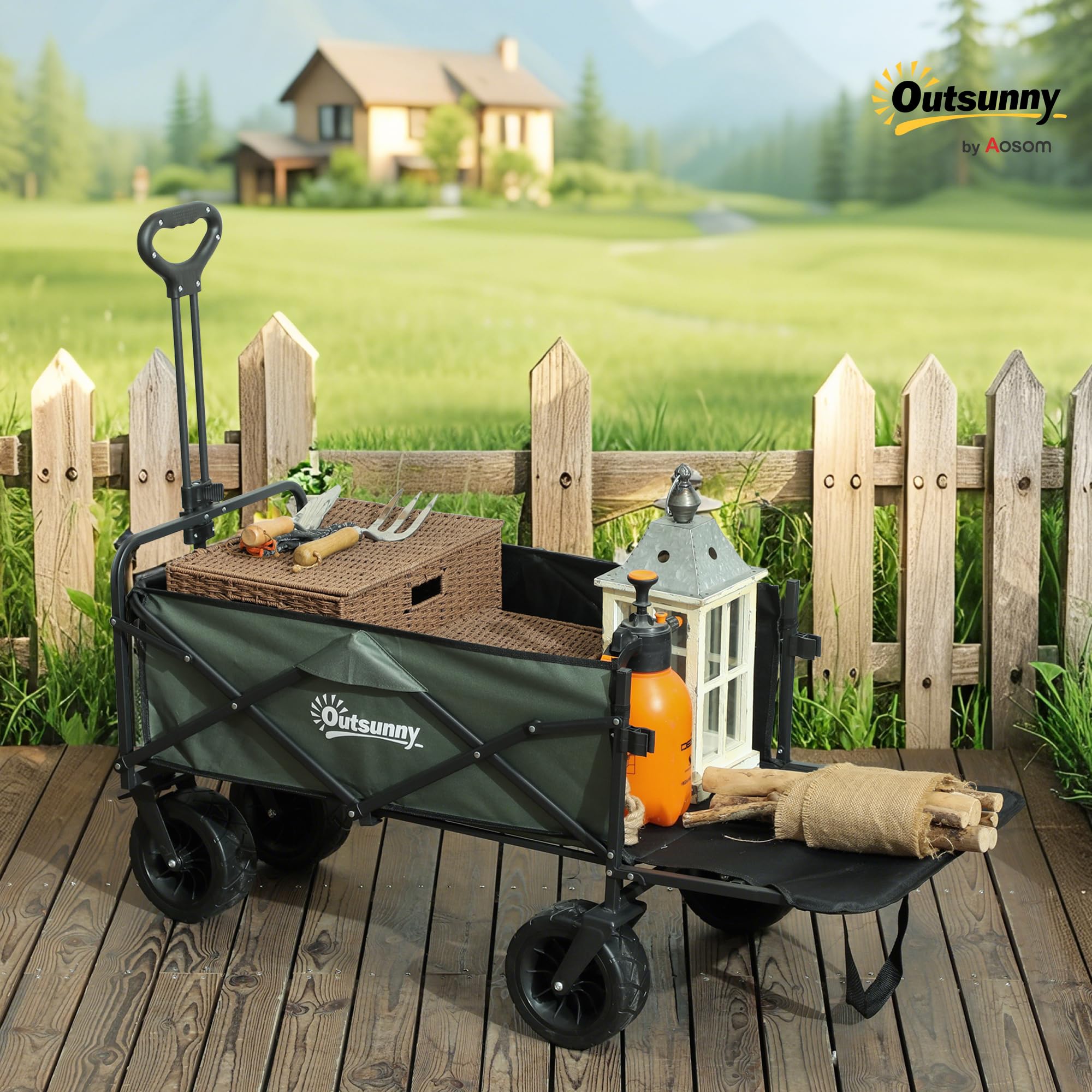 Outsunny Carrello da Giardino da 95L con 4 Ruote Carrello Spiaggia Verde | Pieghevole, Acciaio e Tessuto Oxford, Borsa da Trasporto Lavabile, 2 Tasca Portaoggetti, Maniglia Girevole e Regolabile