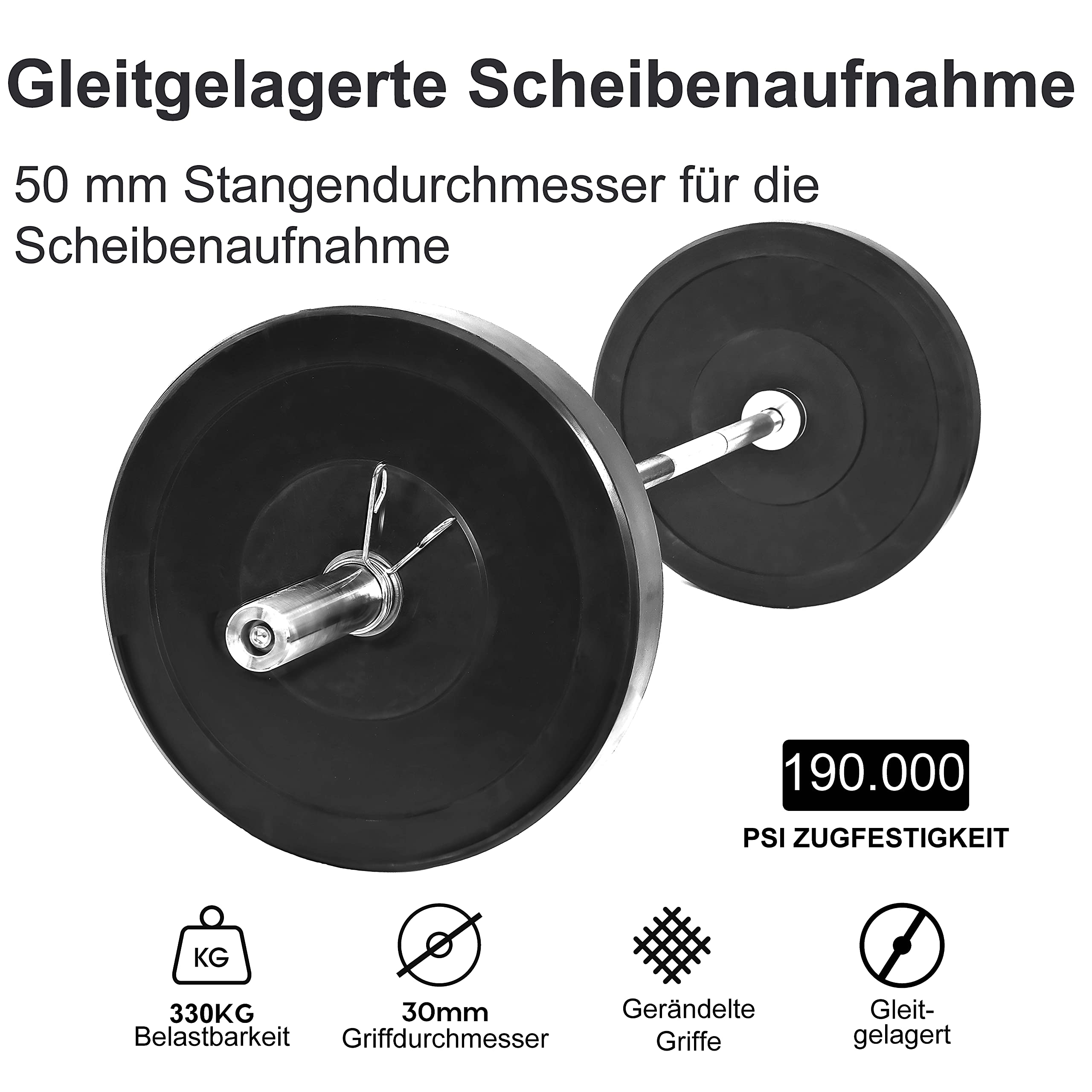 wuuhoo® Barre d'Haltère longue Herkules – 220cm Barre de Musculation, Compatible avec les plaques olympiques 50mm, Acier chromé, Ø 30mm Poignées moletées – Équipement de Gym à Domicile