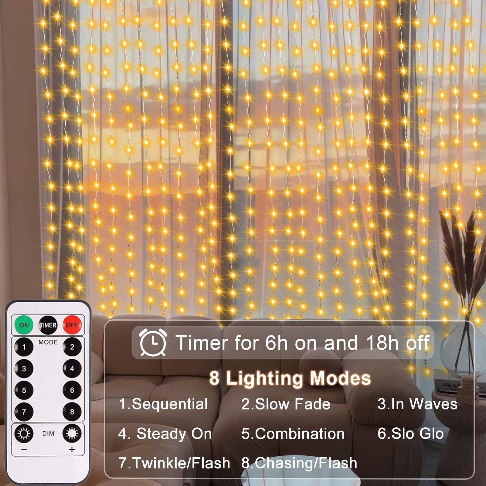echosari Curtain Lights, 300 LED Fairy Curtain Lights with Remote Timer, USB Powered Copper Curtain String Lights 9.8Ft x 9.8Ft for Bedroom Window Christmas Wedding Decor (Warm White)