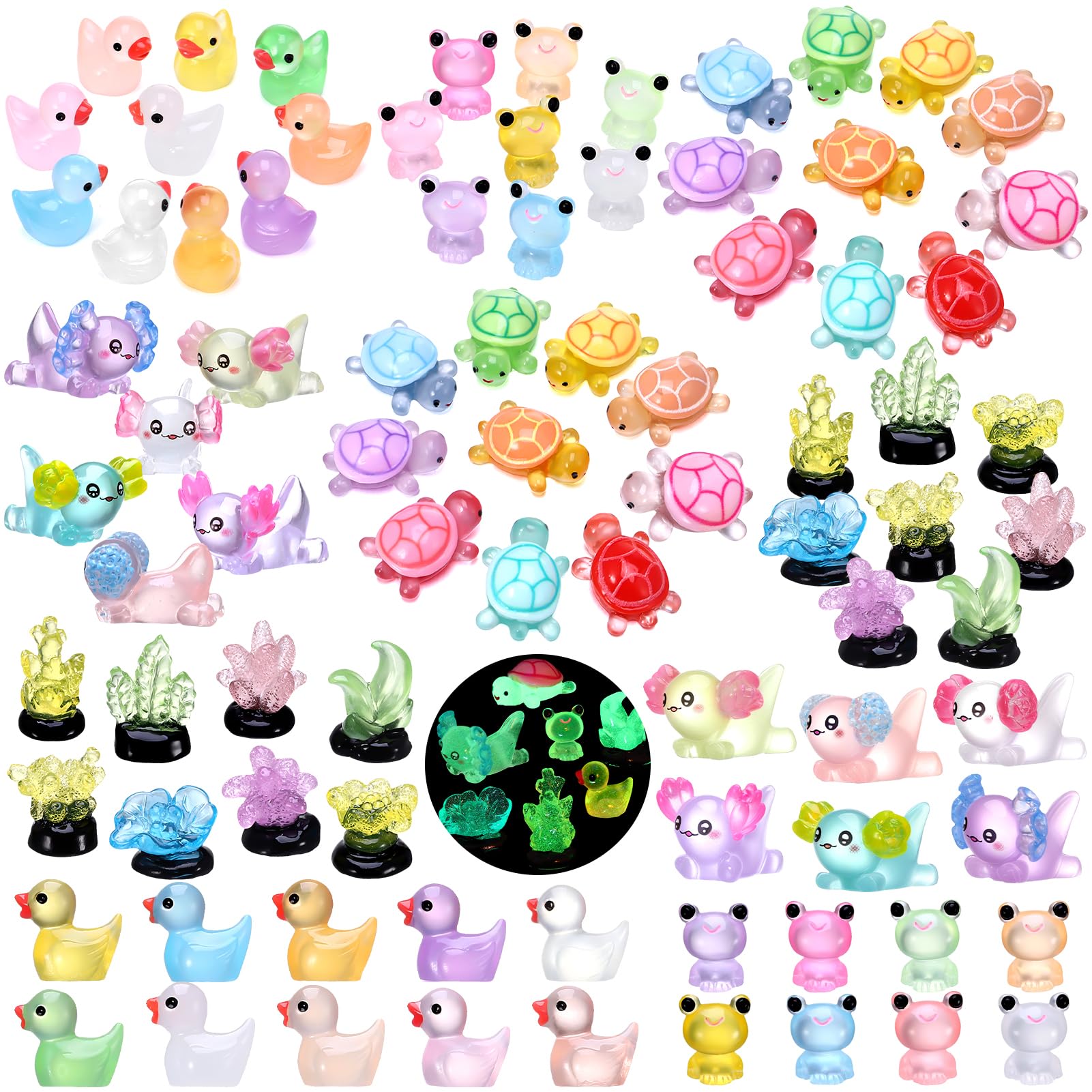 84Pcs Mini Resin Animals,Luminous Resin Animal Tiny Small Animals Glow in The Dark Axolotl Duck Frog Turtle Coral Miniature Figures for Garden Dollhouse Decor