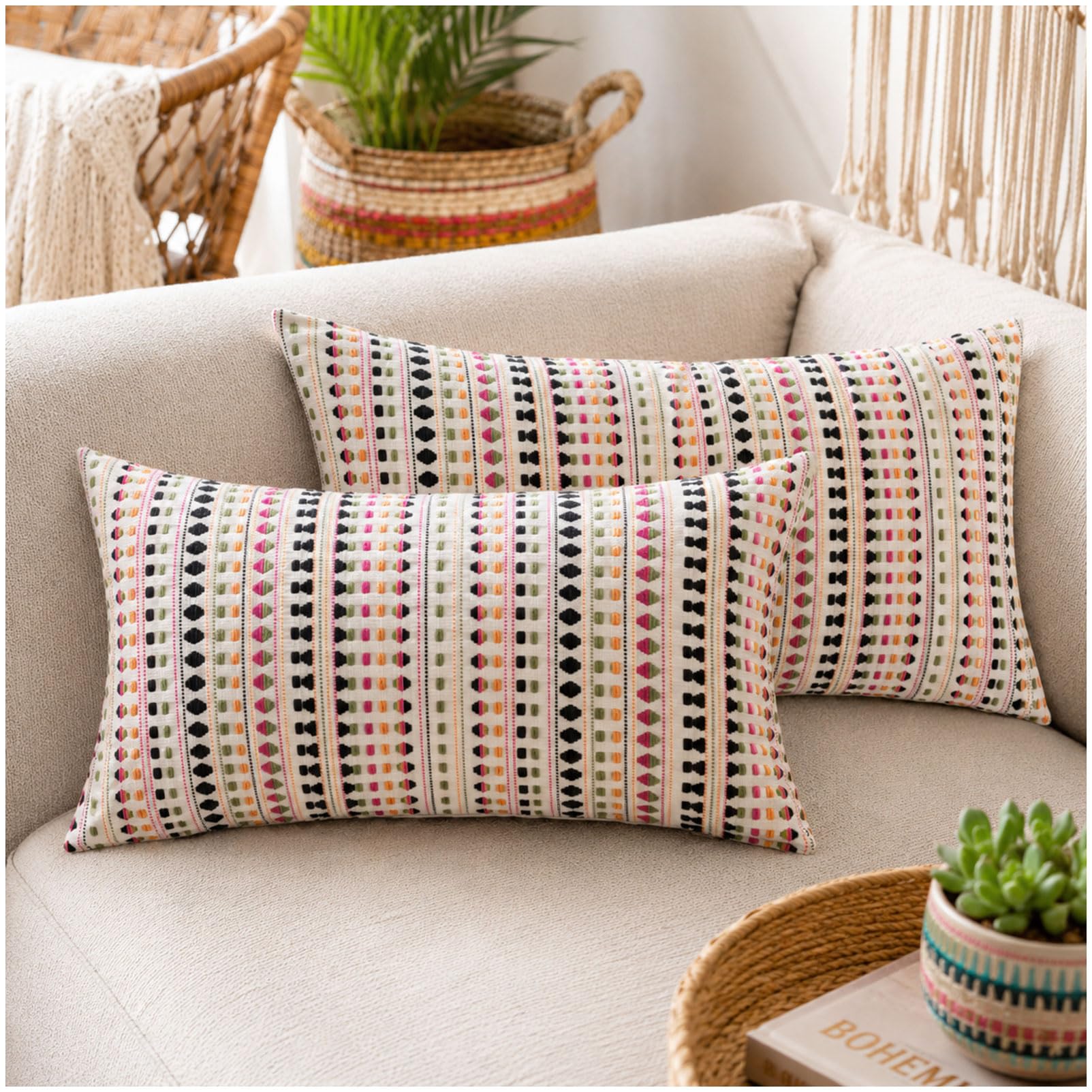 Zealax 12x20 Boho Throw Pillow Covers Lumbar Decorative Neutral Farmhouse Cushion Covers for Couch Bed Living Room, Cotton Textured Striped Pillowcases Set of 2, Colorful