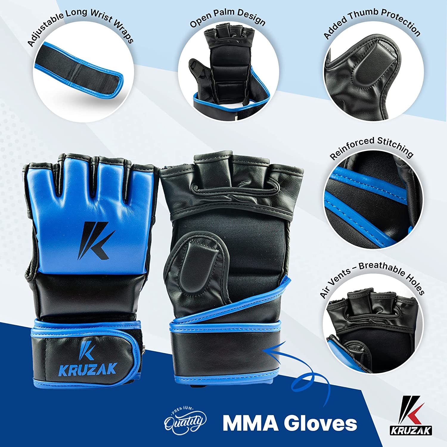 Kruzak MMA Handschuhe Herren und Damen Halbfinger-Boxhandschuhe, Handbandagen mit offenen Handflächen für Grappling, Kickboxen, Sanda, Sparring, Muay Thai