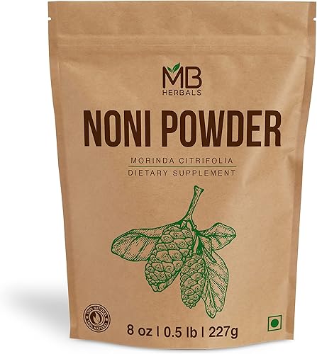 MB Herbals Noni Powder 8 oz | 227g (0.5 lb) | Se mezcla fácilmente con jugos de batidos | Sin conservantes | Sin gluten | 45 porciones por paquete