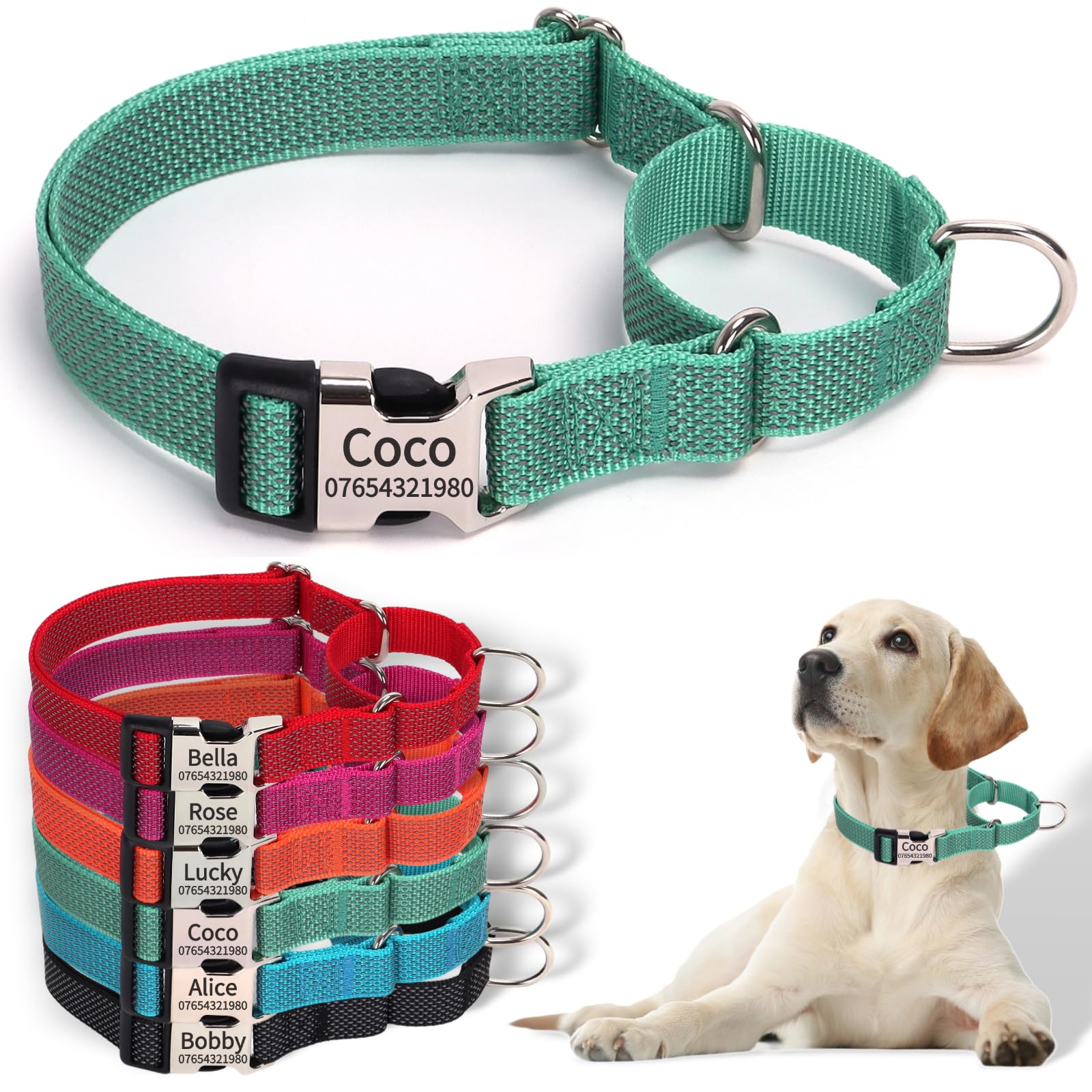 SEOUGEE Martingale Dog Collar Personalised, Reflective Nylon Escape-proof Anti-pull Dog Collars with Custom Engraved Metal Buckle, Walking Training Daily Used for Small Dogs (XS Forest Green, 25-30cm)