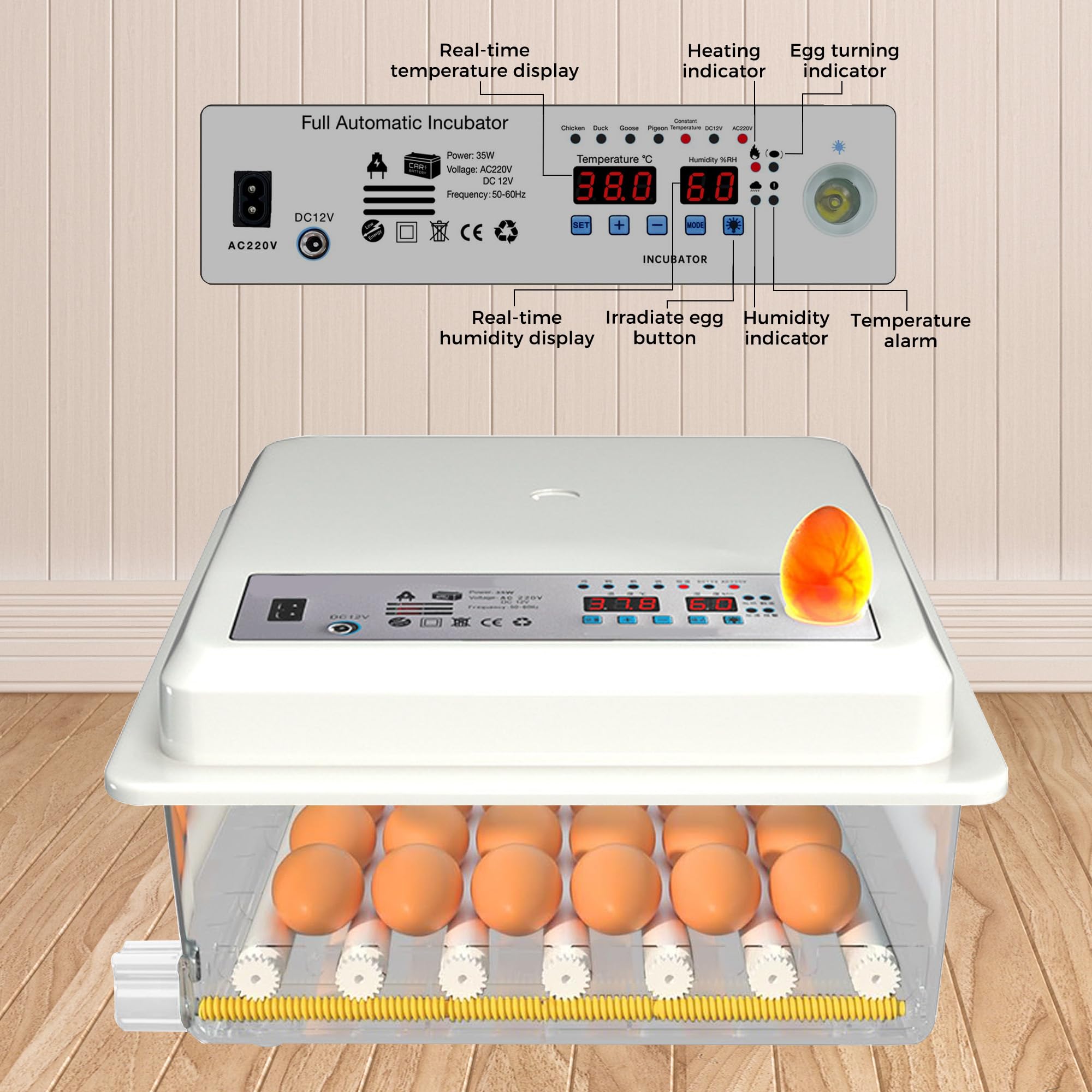Incubateur d'Oeufs Automatique 24-36 Oeufs, Couveuse avec Contrôle de Température, Rouleaux Réglables, Ajout d'eau Automatique et Mire-Oeuf Intégré, Blanc