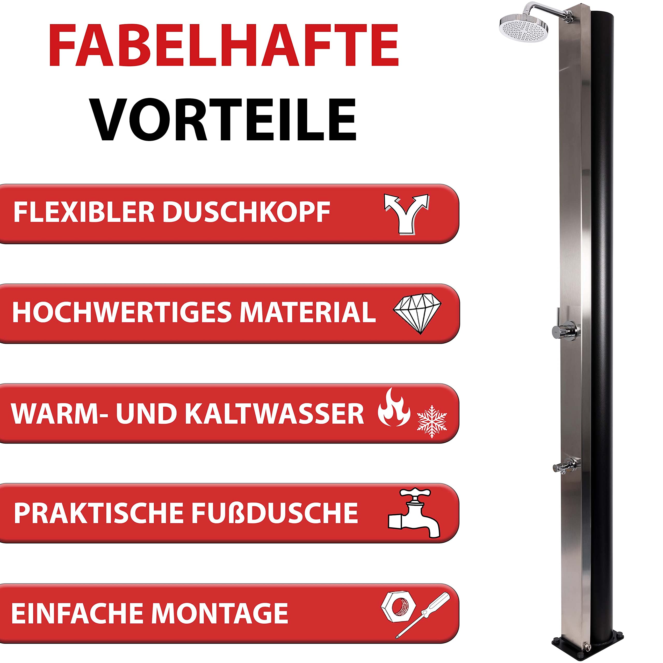 Solardusche 30 L, extra große Füllmenge, Gartendusche Aluminium, Solardusche Garten mit Fußdusche, Gartendusche Solar für Warm- und Kaltwasser, Gartendusche Aussendusche Edelstahl