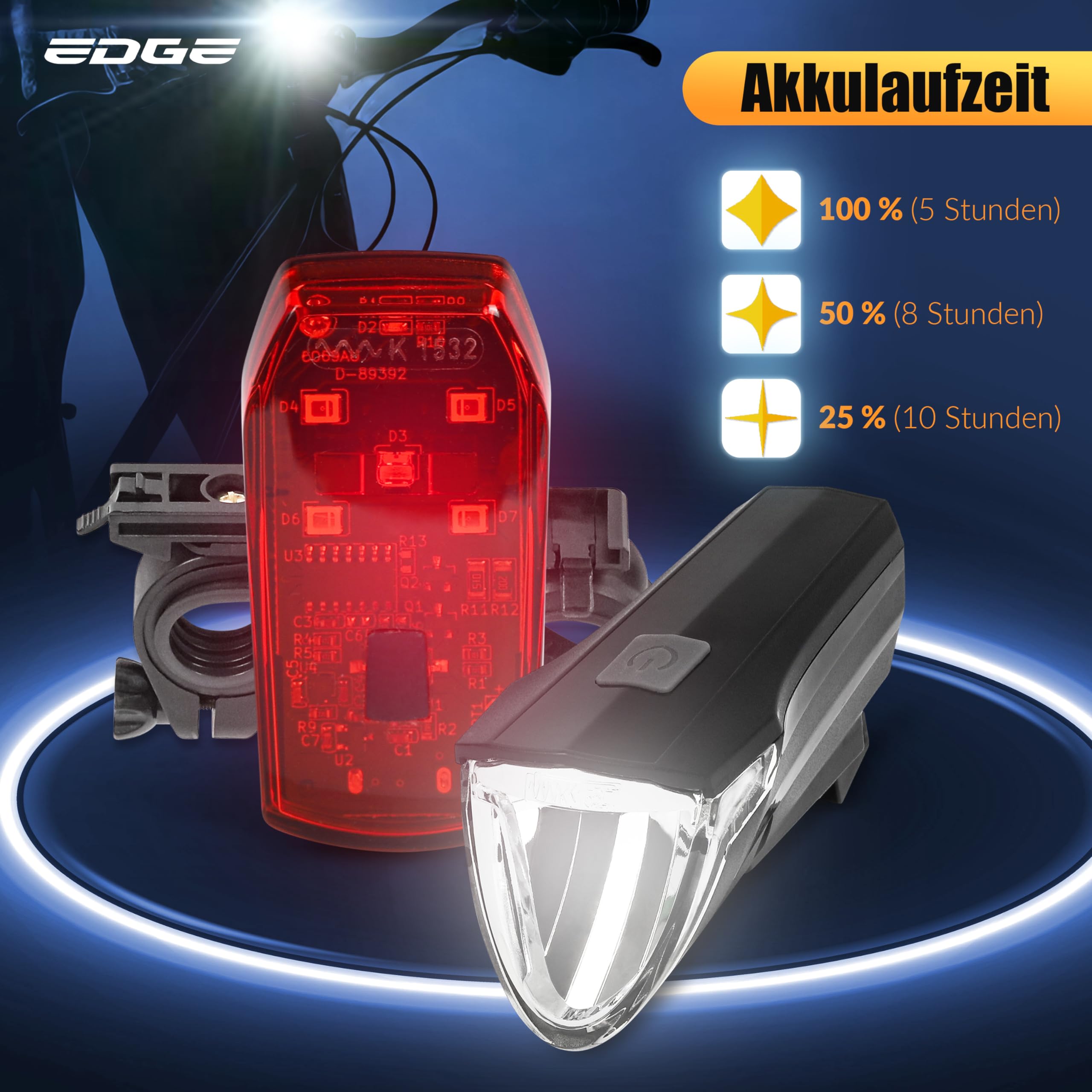 Edge Razor 60 Lux – Set di luci per bicicletta – Batteria per bicicletta con luce posteriore – Omologato StVZO, ricarica USB, funzione luce freno – Resistente agli spruzzi d'acqua IPX4 – Lampada da