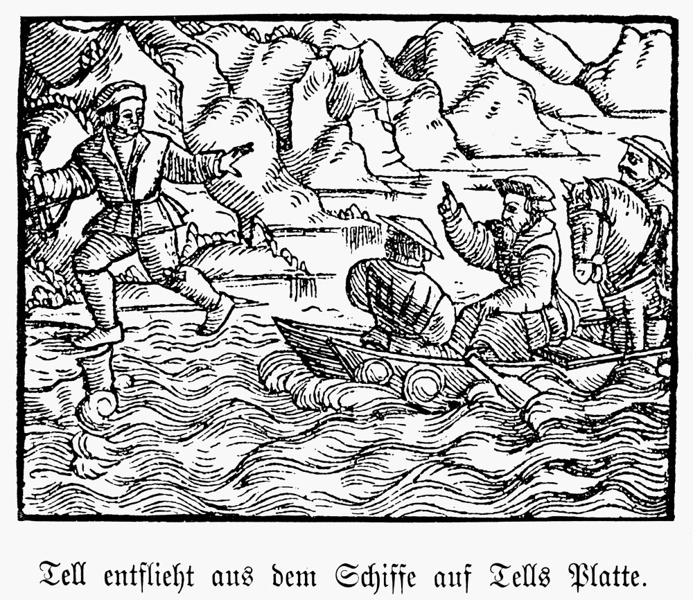 William Tell Nlegendary Swiss Hero Tell Escapes During A Storm And Leaps Ashore Woodcut From Jakob RuffS Version Von Dem Frommen Und Ersten Eydgnossen Wilhelm Thellen Acted By The Townspeople Of Zuric