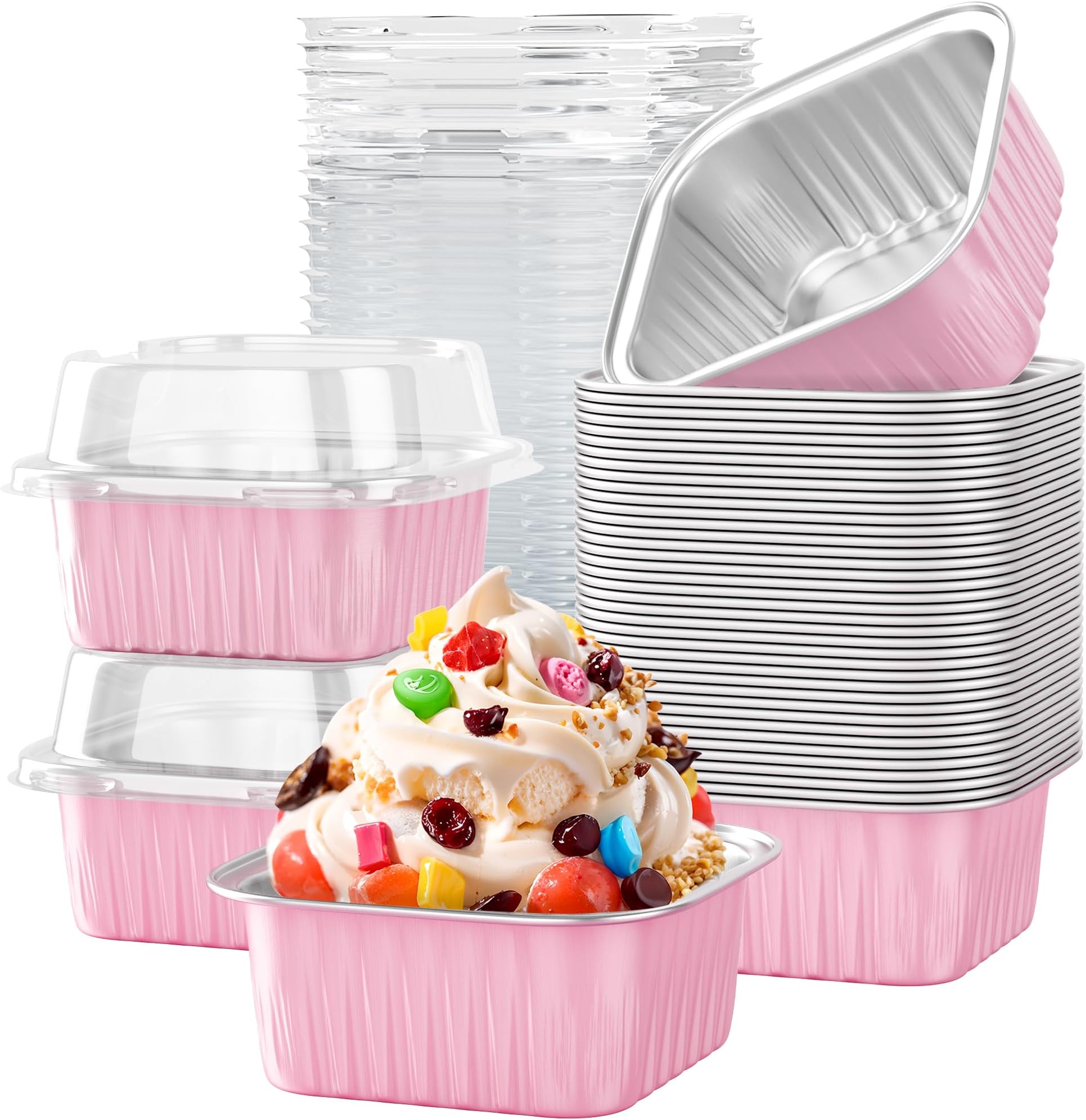 40 Pack 5 OZ Mini Cake Pans with Lids, Disposable Square Aluminum Foil Brownie Baking Cups, Mini Aluminum Foil Cupcake Muffin Tin Ramekins, Flan Molds Cake Containers for Wedding Birthday Party, Pink