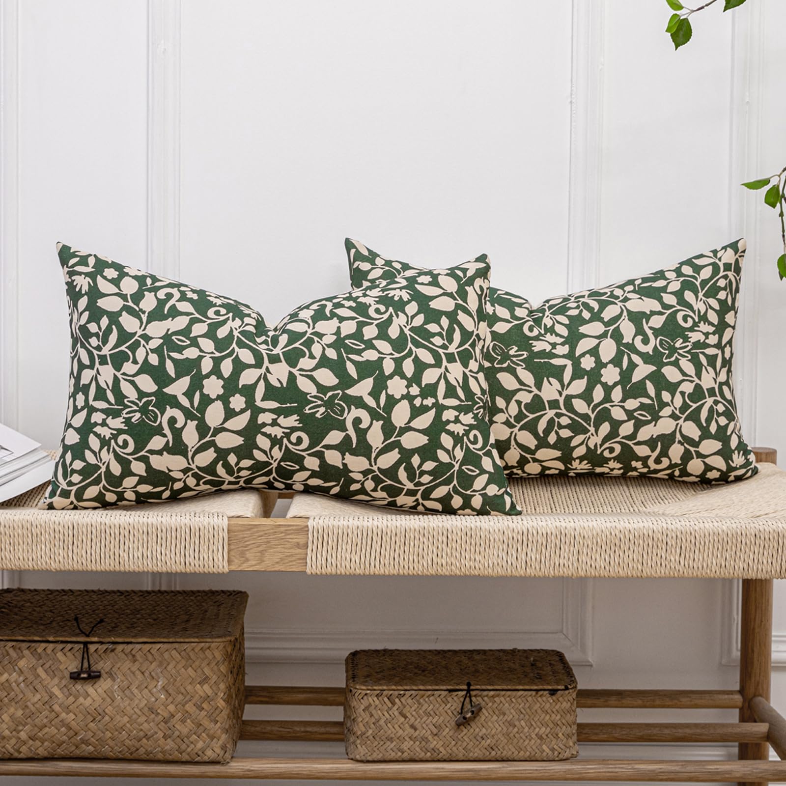 Vfuty Set of 2 Floral Print Lumbar Pillow Covers 12x20 - Farmhouse Boho Olive Green Cotton Cushion Cases for Sofa, Bed, Living Room Rustic Home Decor