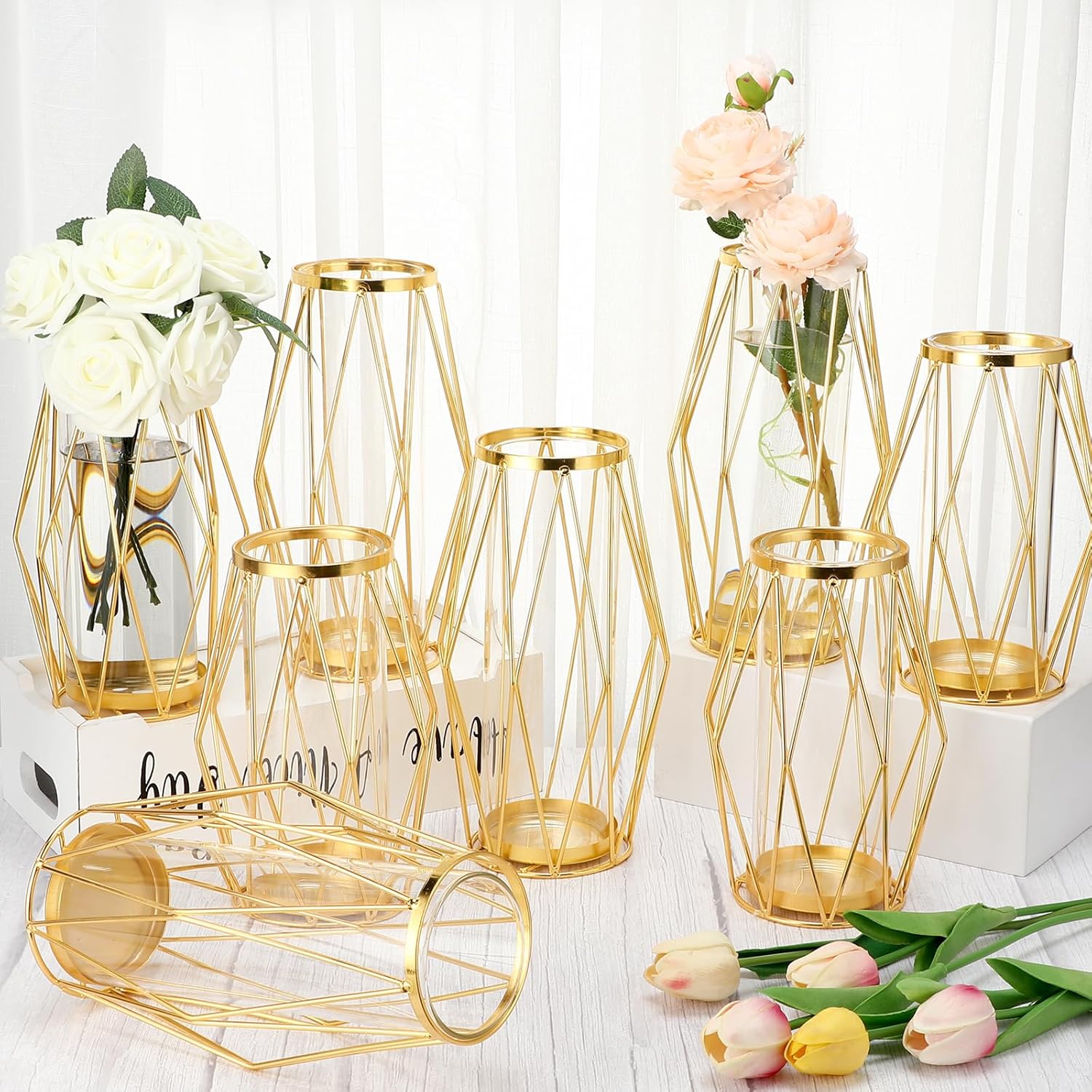 Lallisa 8 Pcs Gold Flower Vase Glass Vase Metal Geometric
