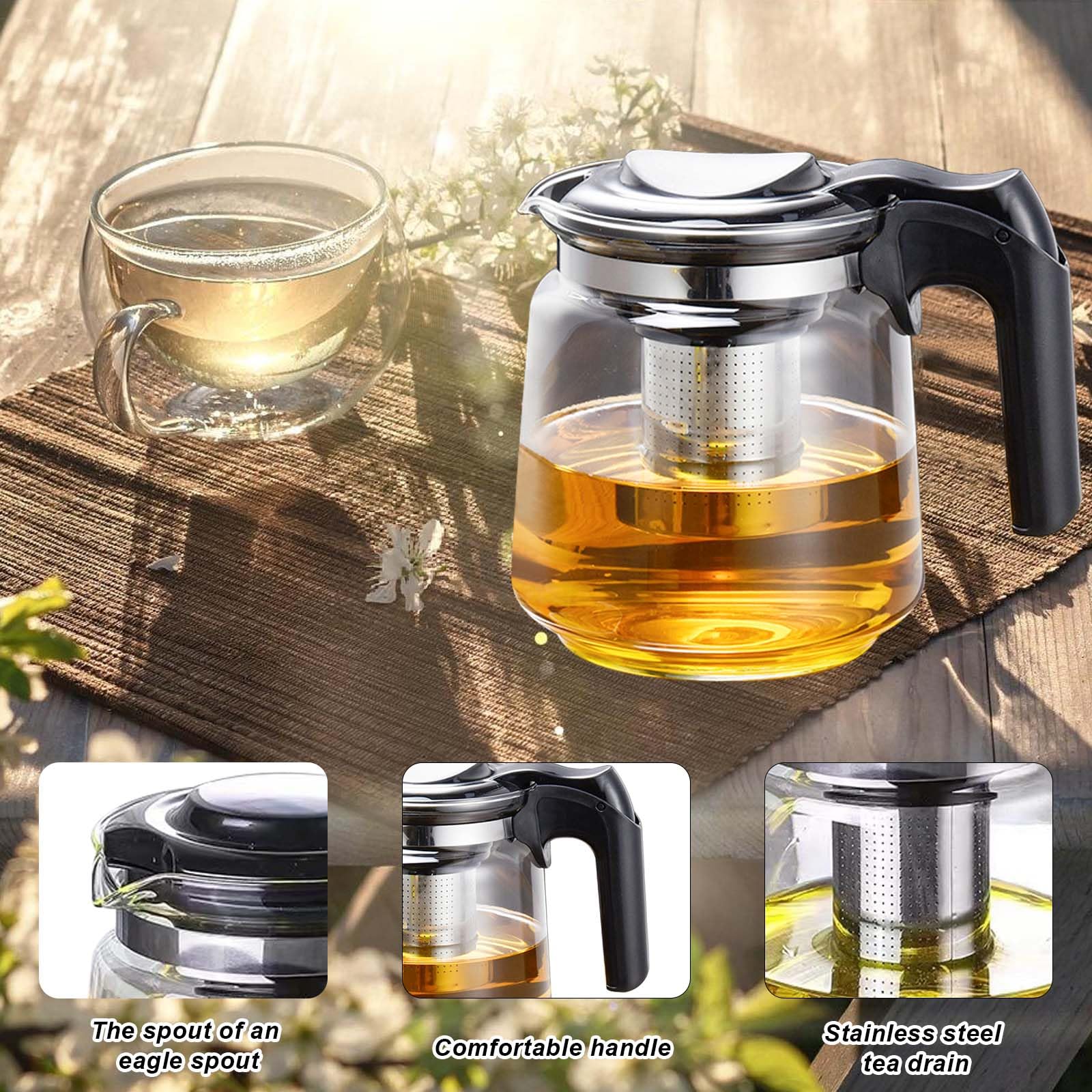 Tetera de vidrio de alta calidad de 1,5 l con tapa y colador, filtro de acero inoxidable, tetera de vidrio para la preparación de tés a granel