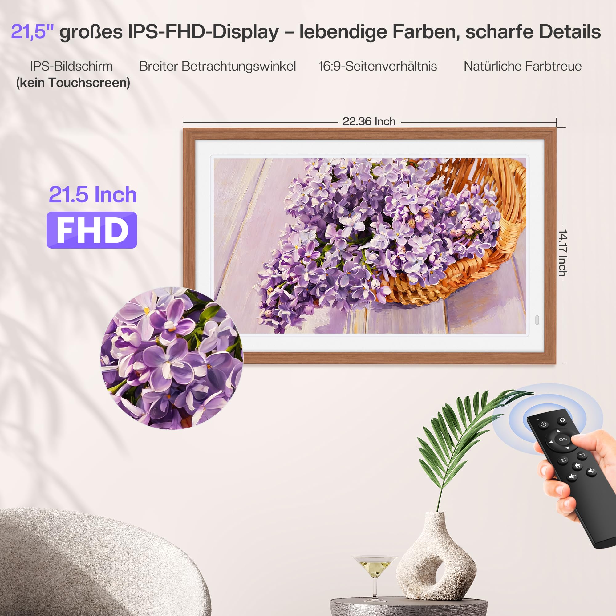 Cadre photo numérique 64 Go 21,5" avec cadre intérieur blanc - FHD 1920 x 1080P IPS - Rotation automatique - Partagez des photos/vidéos instantanément