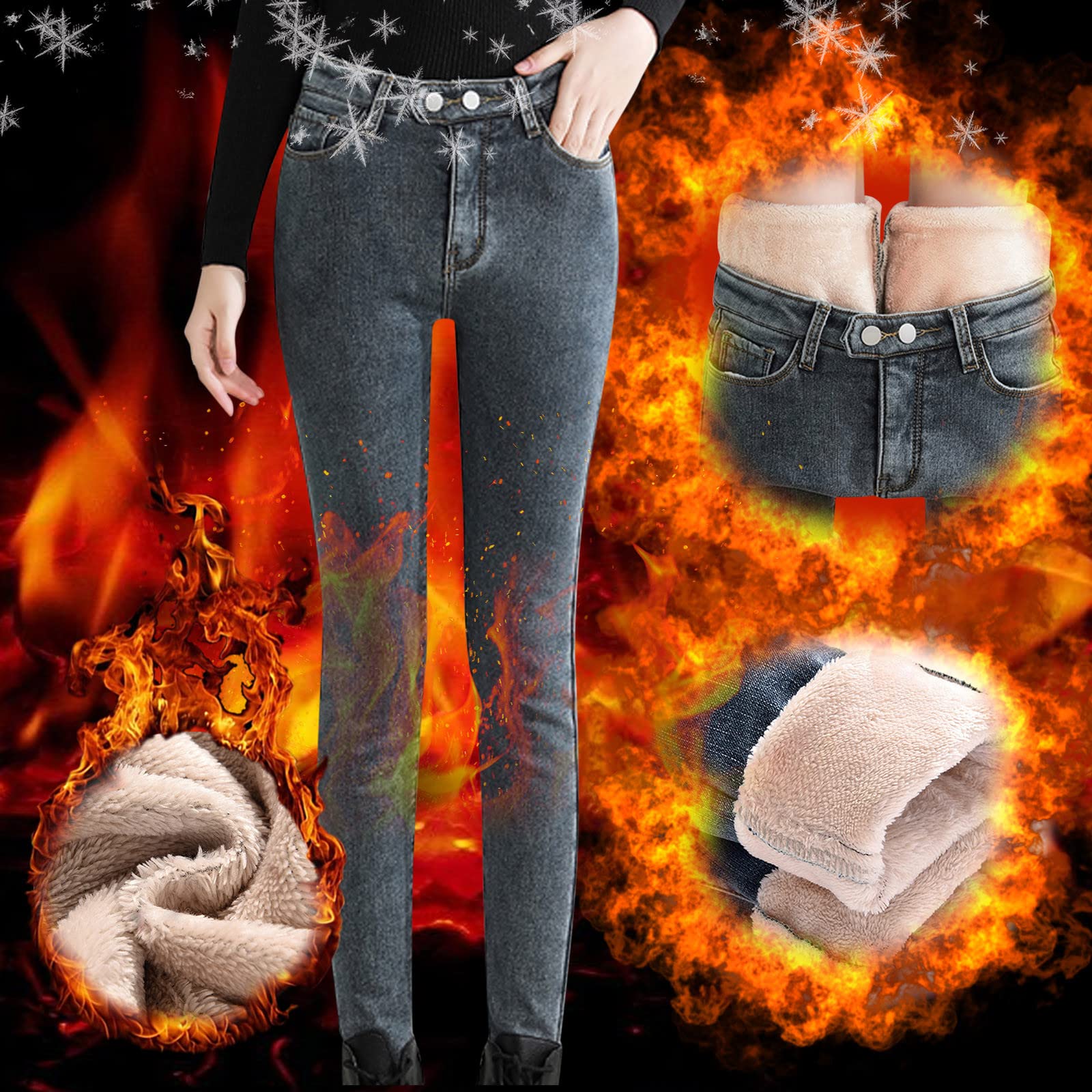 Jean thermique pour femme avec doublure en polaire - Pantalon en jean pour femme - Legging chaud en denim - Aspect jean - Legging thermique taille haute - Collants - Coupe ajustée - Jeans stretch