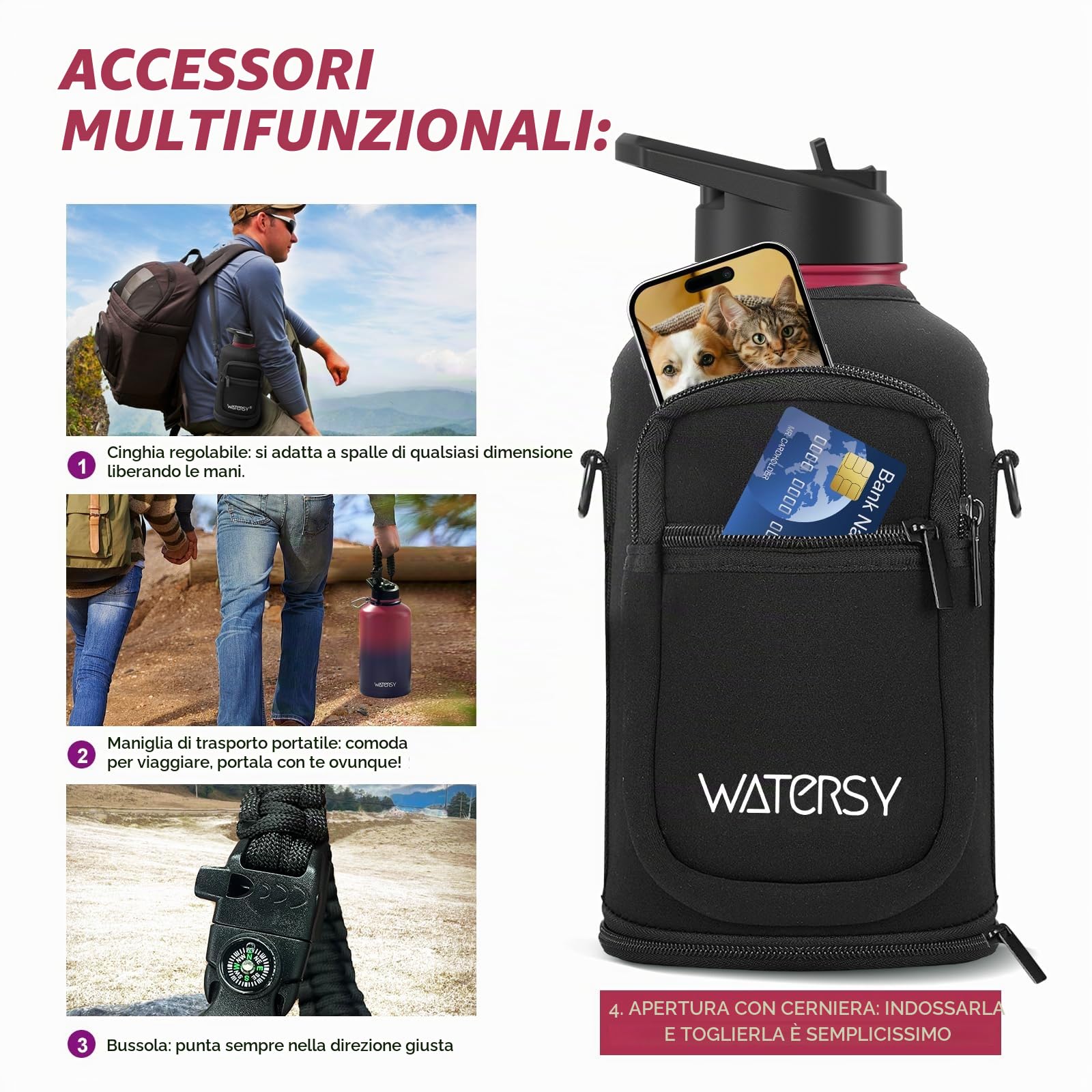 WATERSY Borraccia Termica 2L Acciaio Inox, Grande Bottiglia Termica Impermeabile con 2 Coperchi e Cannucce - Senza BPA per Palestra, Escursionismo, Campeggio e Sport (Rosso/Blu)