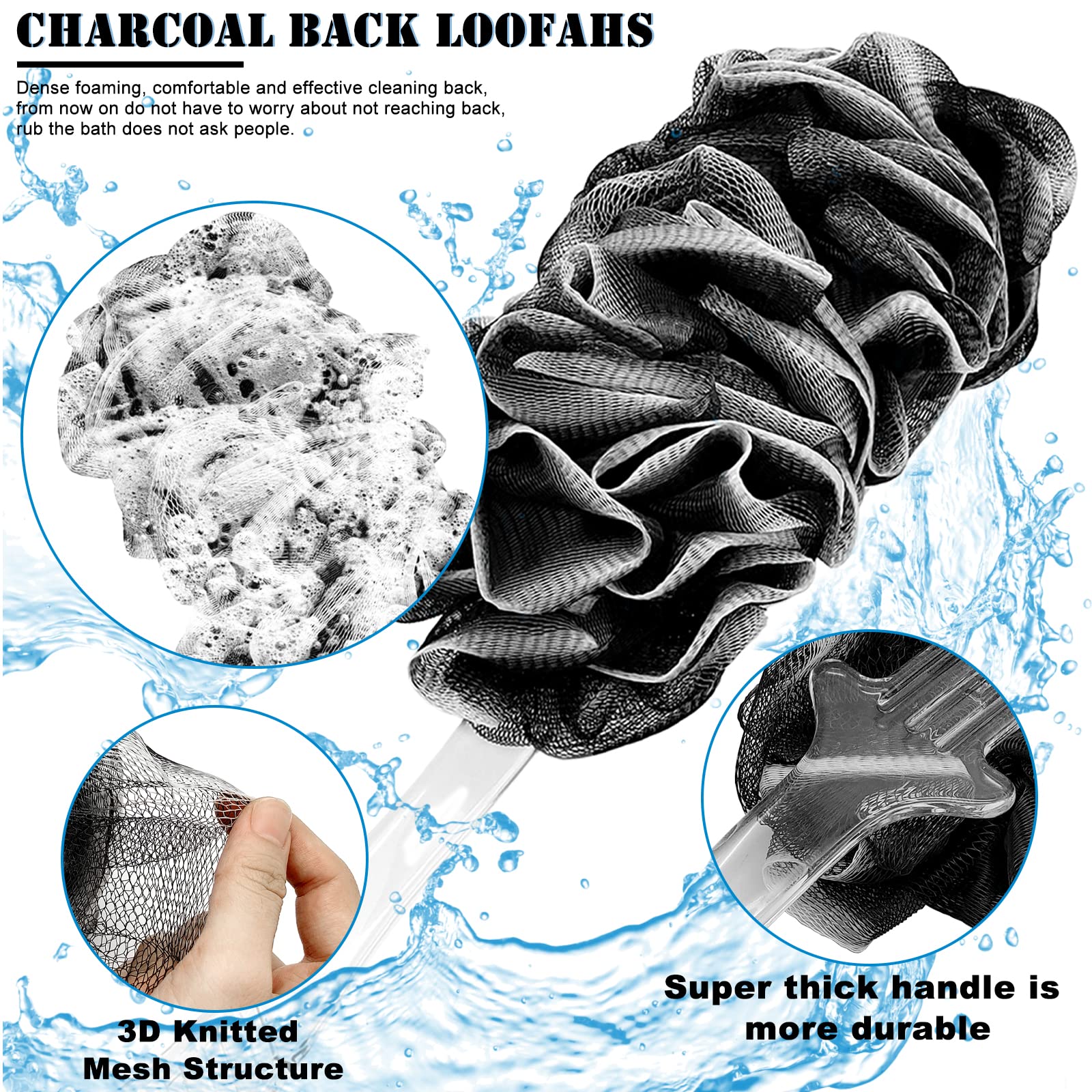 Luffa-Badewannen-Duschschwamm, Körperschrubber, 1 Rückenbürste mit langem Griff und 2 75 g XL-Peeling-Netz-Pouf-Duschstrauß, 3 Stück Duschschrubber für Damen und Herren