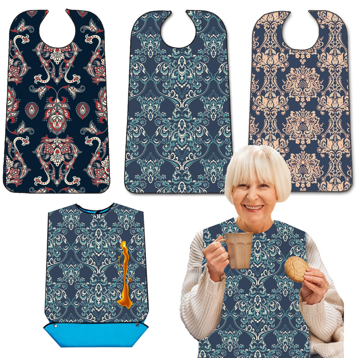 3 Pack Adult Bibs with Crumb Catcher, Washable and Adjustable Adult Bibs for Women Elderly Seniors, Bibs for Eating