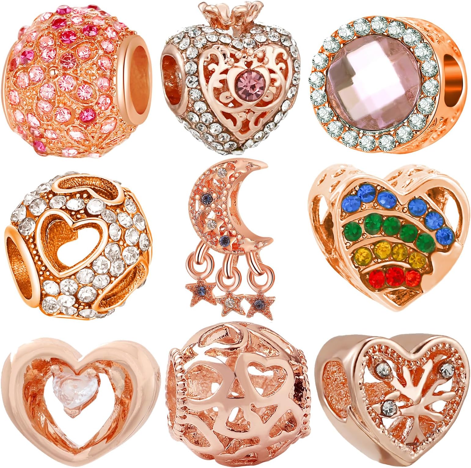 awaFanee9 Pack Silver Spacer Beads Charms fit Pandora Bracelet CZ Pendant Set