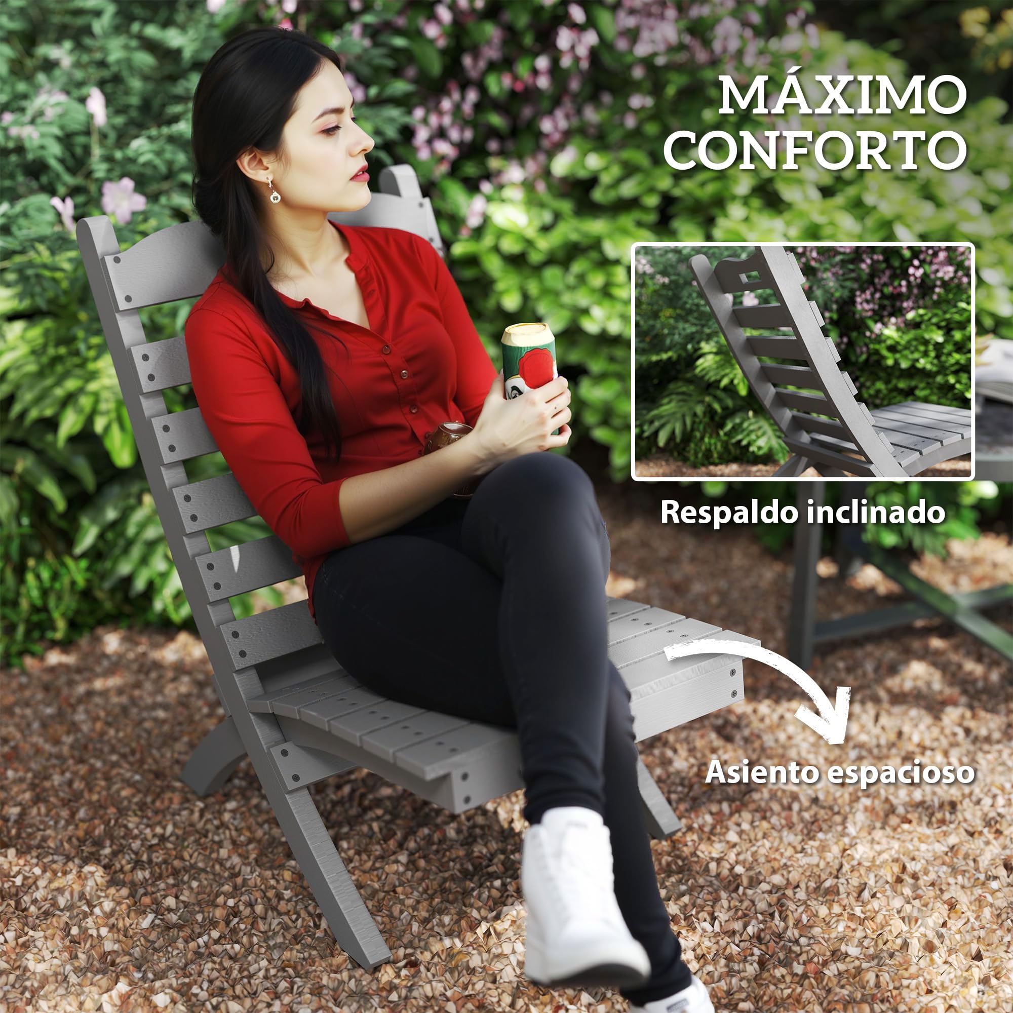 Outsunny Silla de Jardín de Madera Silla de Exterior con Diseño Listones y Respaldo Inclinado Carga 120 kg para Balcón Patio Terraza 78x48x76 cm Gris