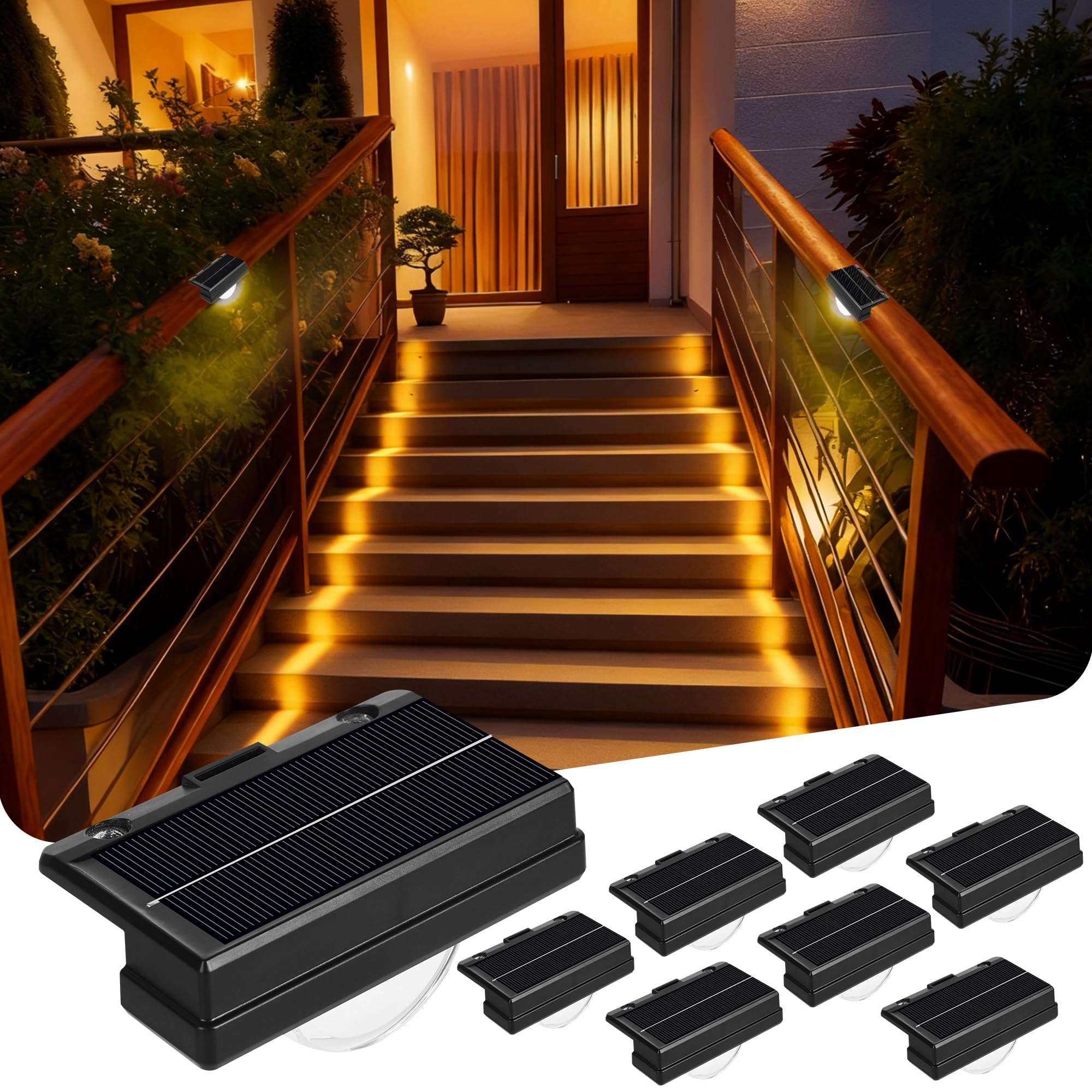 RICVIVID 8 Packs Solar Step Lights,Solar Fence Lights Outdoor Waterproof IP67, LED Outdoor Step Light,Outdoor Light Decor for Garden Stair, Eence Deck, Front Step, Front Porch, and Patio