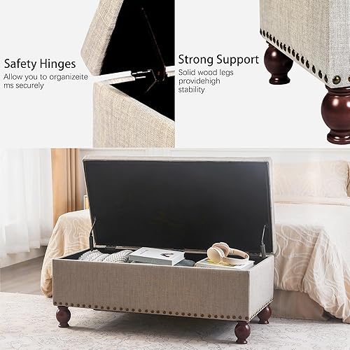 Miniatura 12 de Asense Banco otomano de almacenamiento, banco tapizado rectangular de tela de lino de 40 pulgadas con tapa con bisagras para el pie final de la Gris