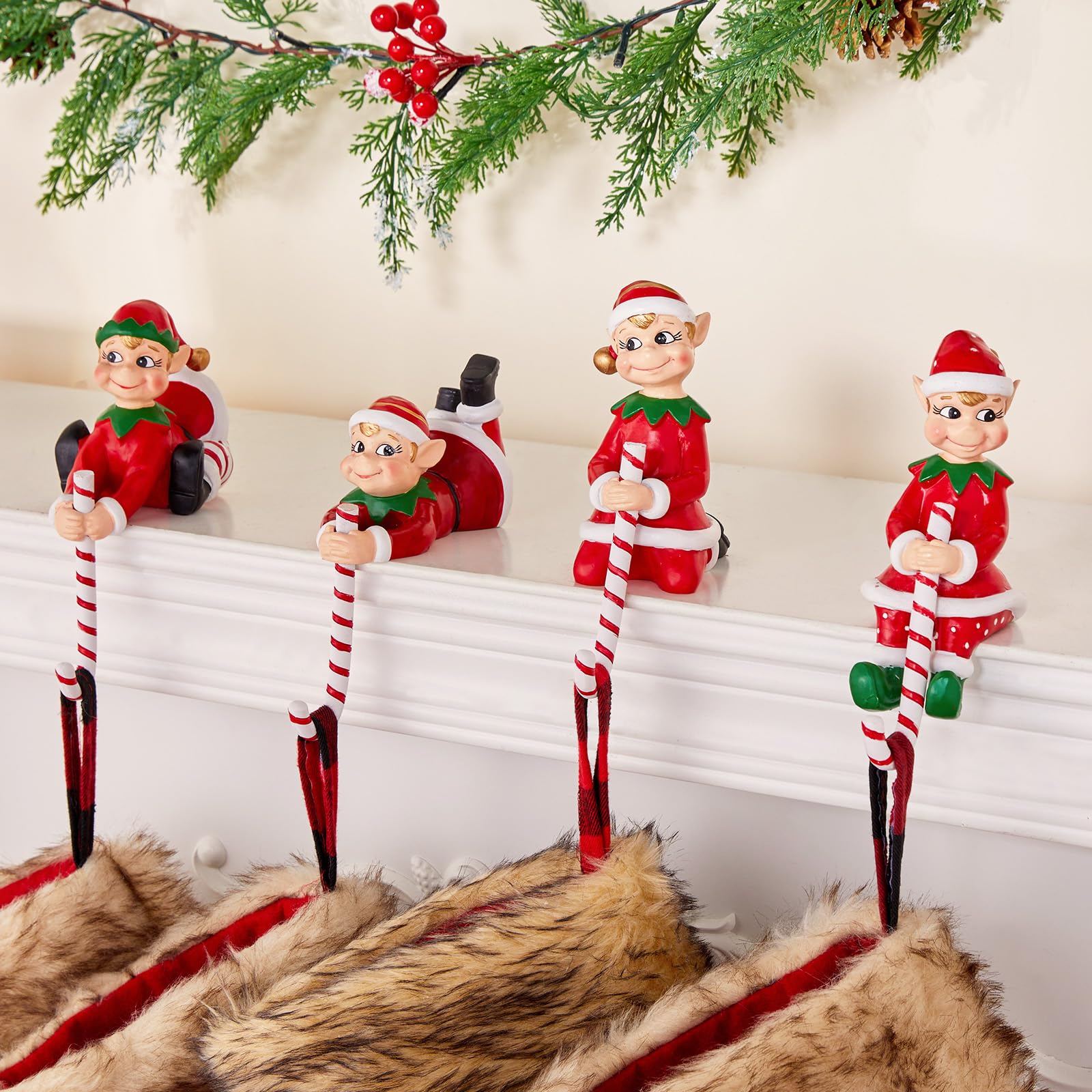 Christmas 3D Elves Mantle Stocking Holders, Set of 4 Hand-Painted Elf Hooks for Mantel, Weighted Non-Slip Fireplace Holders for Christmas Home Holiday Indoor Decoration