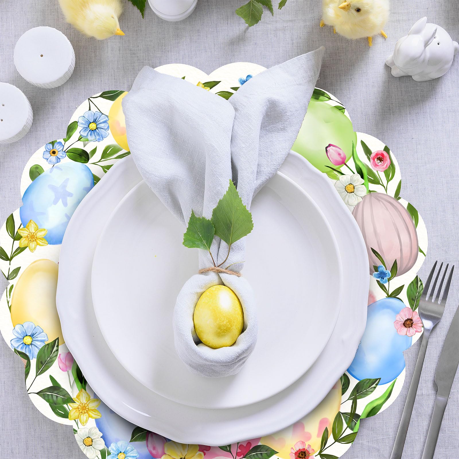 Lot de 50 sets de table jetables en papier avec lapins colorés - Motif œufs de Pâques - 34 cm - Pour mariage, vacances, fête, cuisine, salle à manger