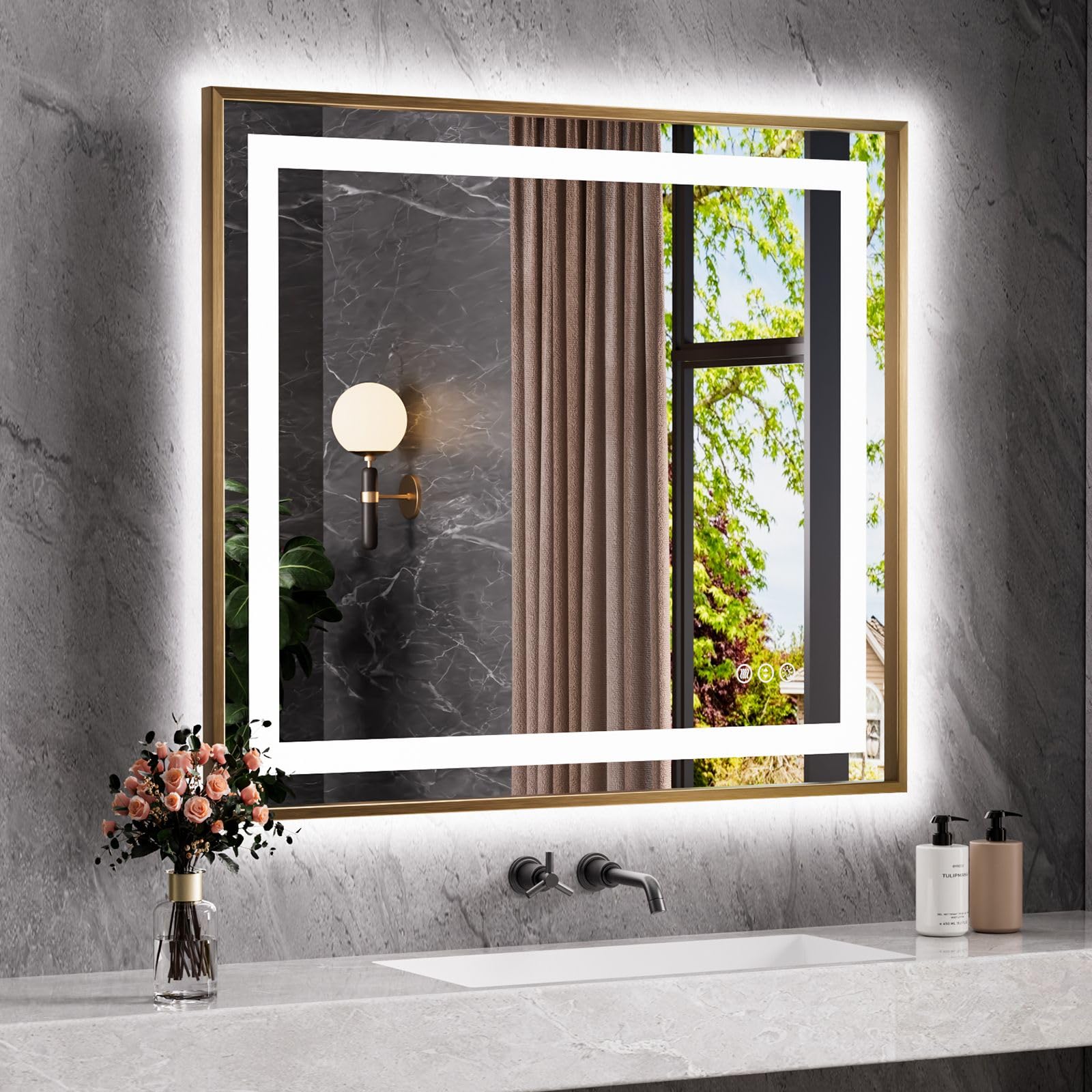 Amorho 40"x 36" Gold LED Bathroom Mirror, Metal Framed