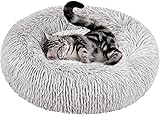 Cat Beds for Indoor Cats, 20 inch Non-Slip Fluffy Round Pet Bed Machine Washable Soft Plush Donut Cuddler Cushion, Calming Self-Warming Bed Puppy Bed for Small Dogs Kittens, Grey