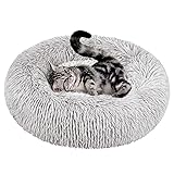 Cat Beds for Indoor Cats, 20 inch Non-Slip Fluffy Round Pet Bed Machine Washable Soft Plush Donut Cuddler Cushion, Calming Self-Warming Bed Puppy Bed for Small Dogs Kittens, Grey