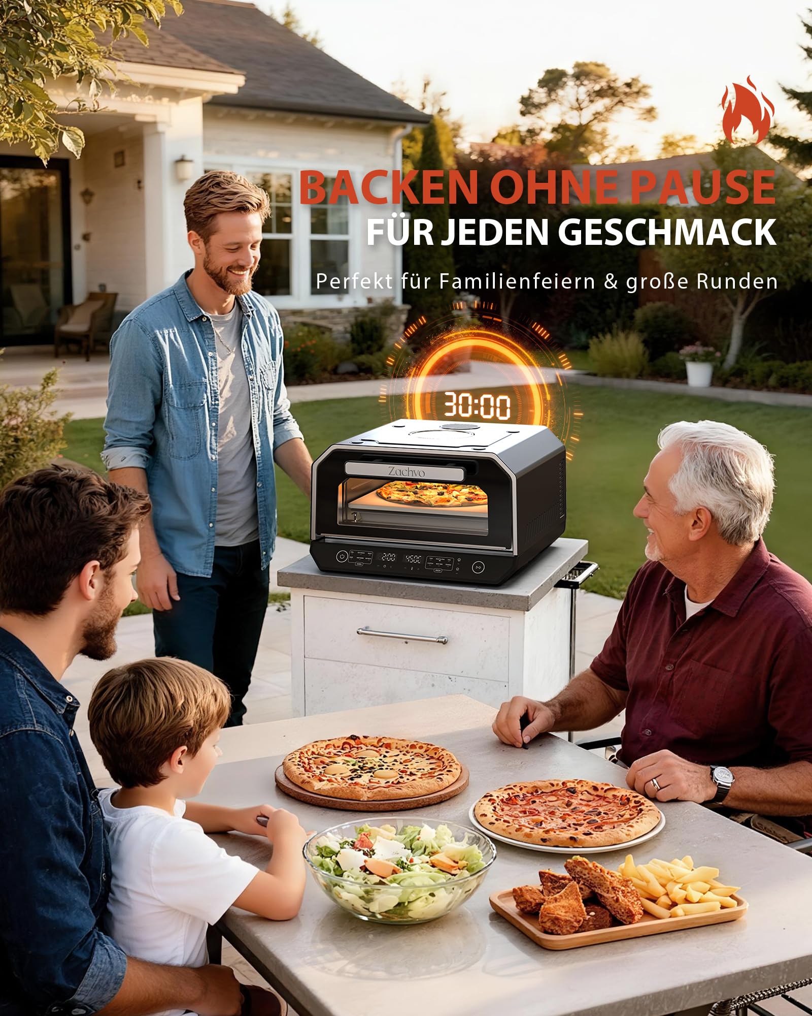 Pizzaofen Elektrisch 450°C – Neapolitanische Pizza in 90 Sek, Sichtfenster & Innenbeleuchtung, 6 Programme & & 6 Kochmodi, Profi-Koch-Modus, Pizzaschaufel & Pizzastein & Backblech,Schwarz