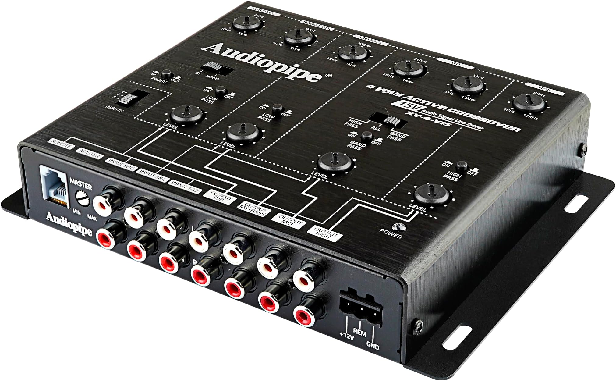 Audiopipe 4-Way Active Crossover (XV-4-V15), Multiplier Switch, Compact, Power LED Indicator, Subwoofer Bass Boost, Custom Installation, Remote Bass Knob